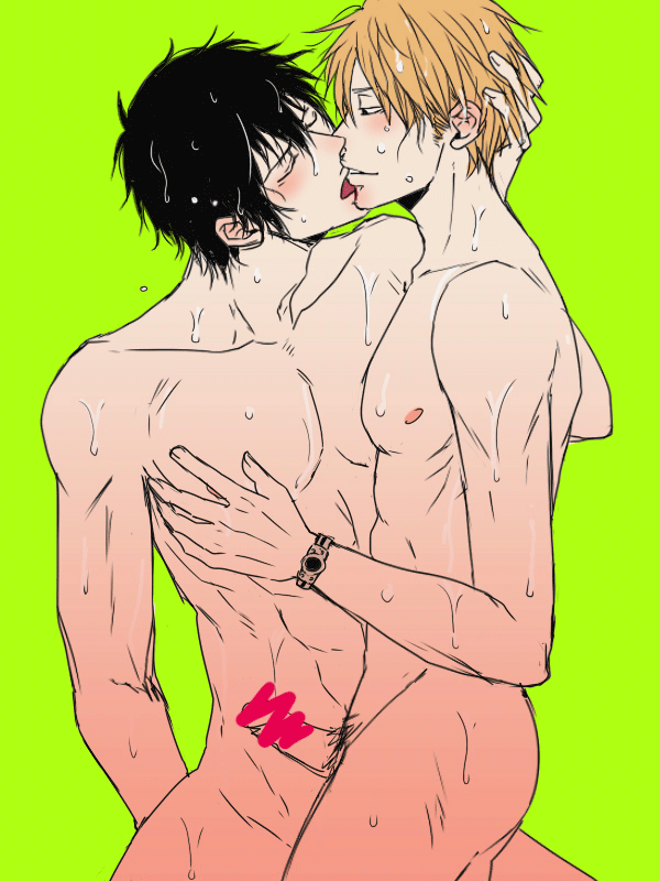 2boys blush character_request erection kougami_shin'ya licking male multiple_boys muscle nana_(mioumiou46) nude penis psycho-pass smile sweat yaoi