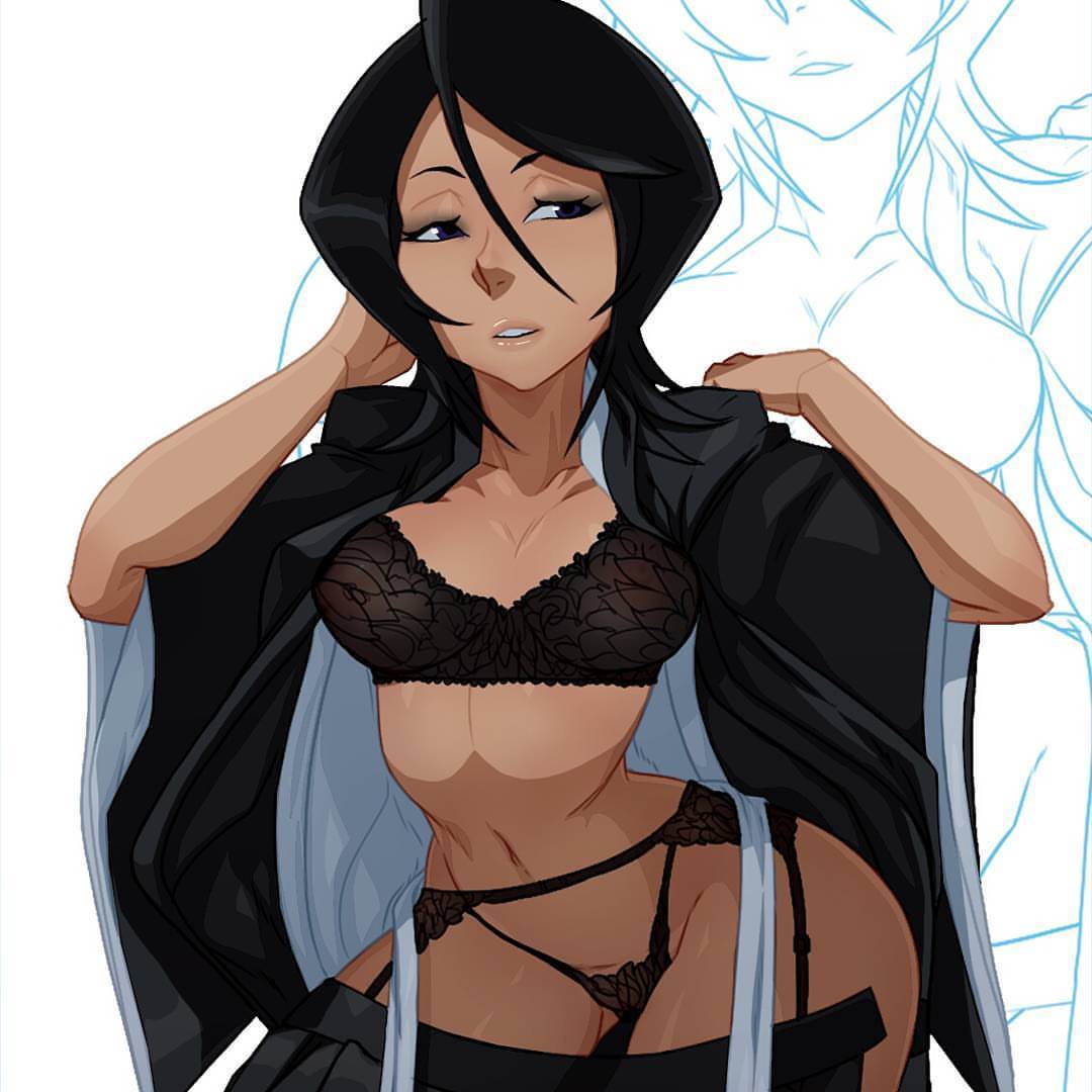 1girls, bleach, bra, breasts, female, female only, kuchiki rukia, lingerie, open robe, panties, solo, tovio rogers, uncensored