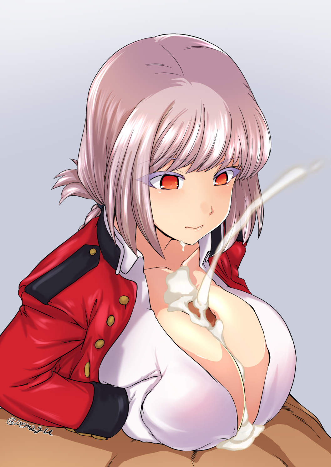 1boy bangs braid breast_squeeze breasts buttons censored cleavage clothed_female_nude_male collarbone cum cum_on_body cum_on_breasts cum_on_upper_body dress_shirt ejaculation eyelashes fate/grand_order fate_(series) female florence_nightingale_(fate) folded_ponytail grey_background highres isemagu jacket large_breasts military_jacket mosaic_censoring orange_eyes paizuri paizuri_under_clothes penis pink_hair projectile_cum red_jacket shirt signature simple_background swept_bangs