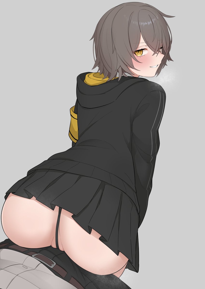 1boy 1girls asking_for_it ass blush blushing_at_viewer cameltoe clothed clothing color colored girls'_frontline grey_hair jacket looking_back pussy pussy_peek re1kirisaki342 short_hair short_skirt simple_background sitting sitting_on_lap sitting_on_person skirt slutty_teenager thong ump45_(girls'_frontline) yellow_eyes