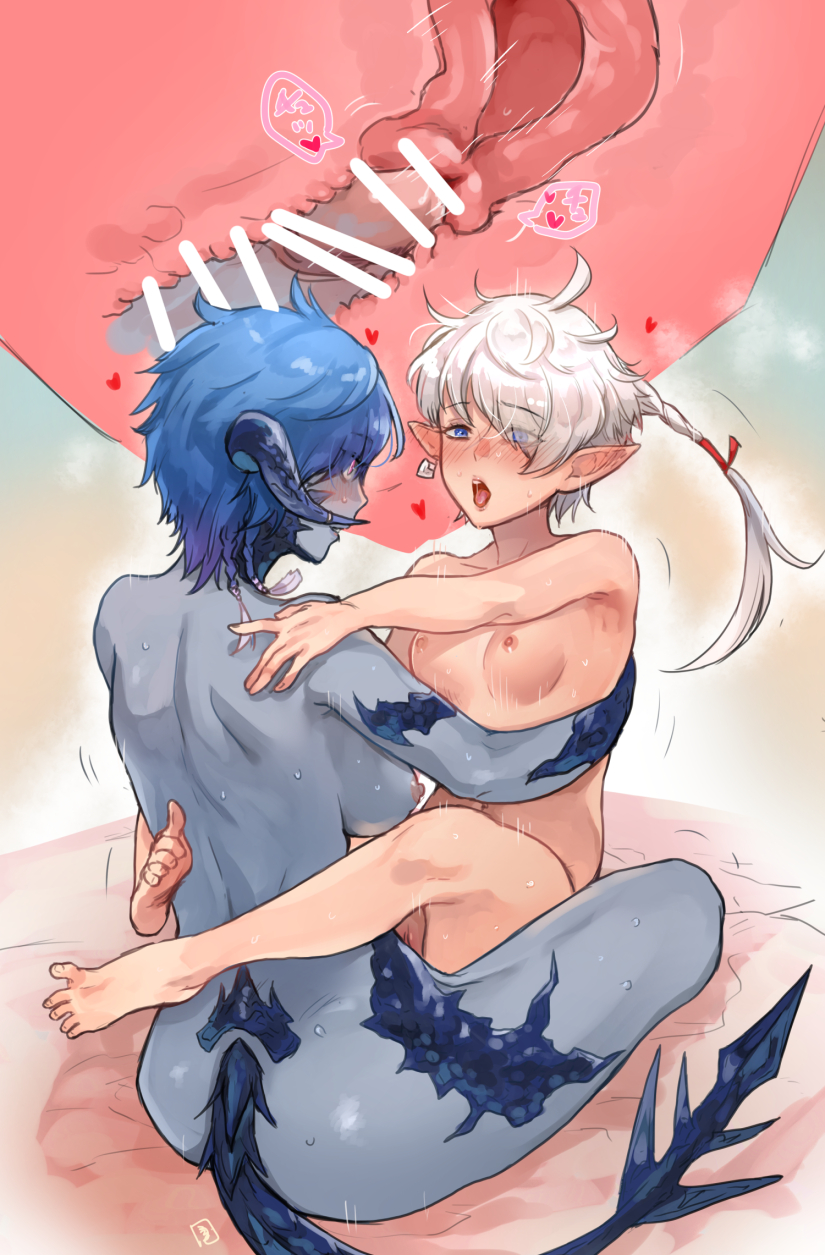 1futa, 1girls, age difference, alisaie leveilleur, aomushi komushi, aroused, au ra, blue hair, blue skin, breasts, censored, cervix kiss, completely nude, cowgirl position, duo, elezen, elf, elf ears, elf female, female, female on top, final fantasy xiv, futa on female, futa with female, futanari, happy sex, humanoid, humanoid penis, intersex, light skin, light-skinned female, light-skinned futa, looking pleasured, lotus position, mature futa, nude, nude female, nude futa, passionate, penis, petite, pointy ears, pussy, sex, short hair, size difference, slim waist, suspended congress, sweat, text, vaginal penetration, variant, white hair, x-ray