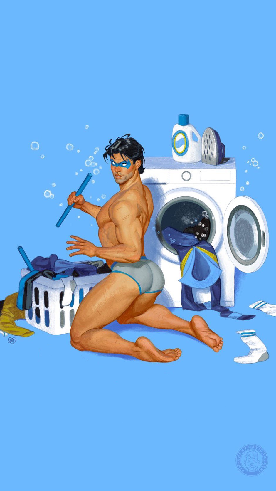 1boy ass back back_muscles back_view bara batman_(series) beard_stubble big_ass big_butt black_hair blue_background blue_briefs blue_mask blue_underwear briefs briefs_only bubble_ass bubble_butt bubbles clothes_removed david_talaski dc dc_comics dick_grayson feet holding_object human human_only laundry laundry_basket light-skinned_male light_skin looking_at_viewer looking_back male male_focus male_only mask masked masked_male muscle muscles muscular muscular_male muscular_thighs nightwing nipple pecs pectorals removed_clothing scars scars_all_over simple_background smile smiling socks solo solo_focus solo_male thick_thighs underwear underwear_only washing_clothes washing_machine white_socks