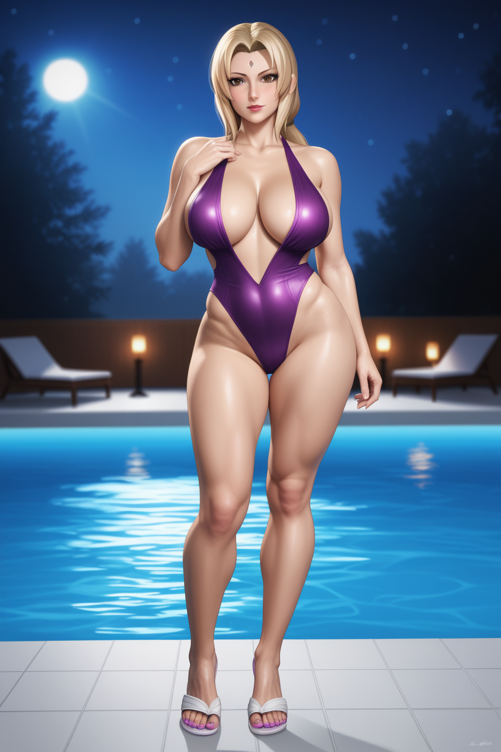 ai_generated demo003 flip_flops high_cut_swimsuit naruto one-piece_swimsuit poolside purple_swimsuit solo_female swimsuit tsunade