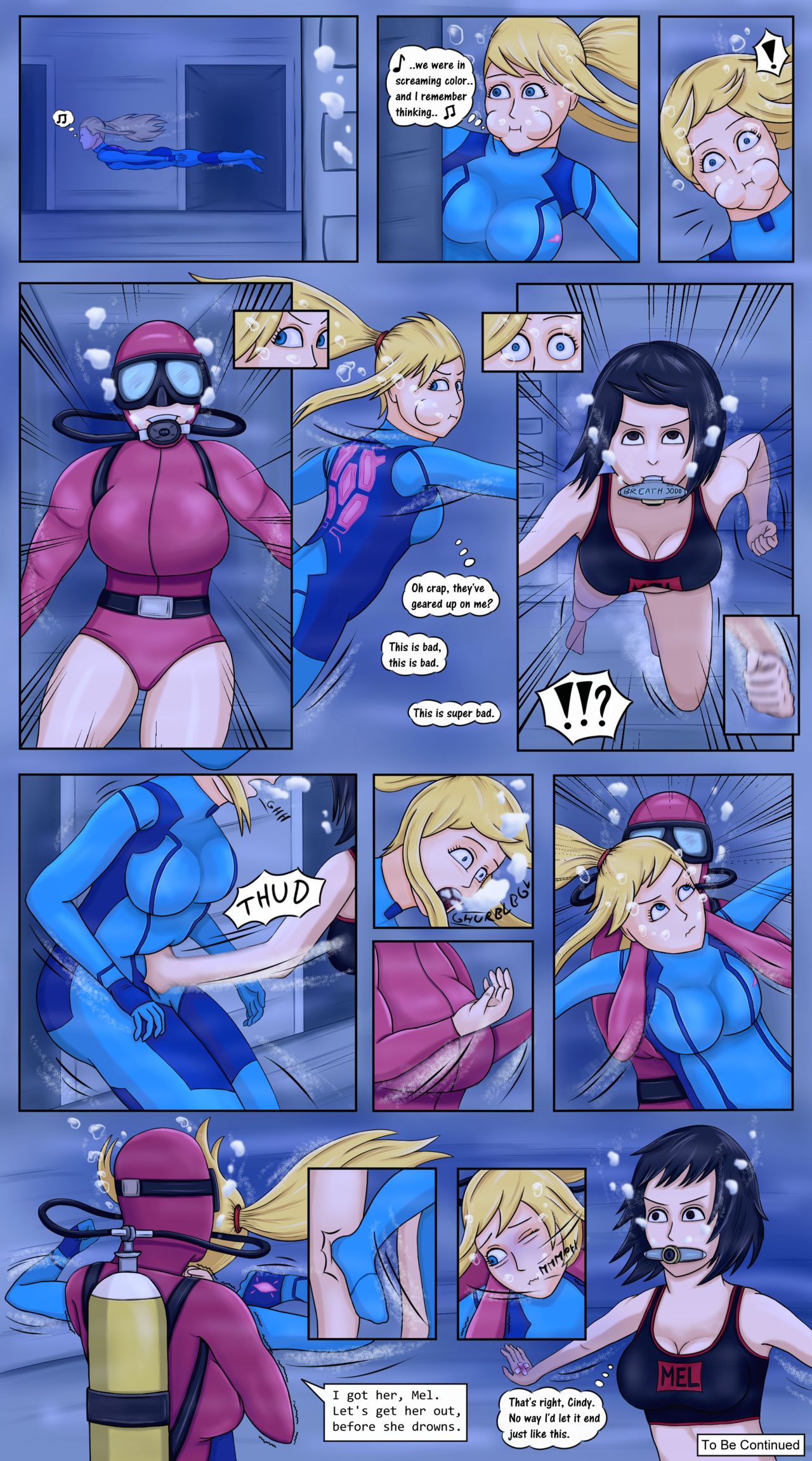 3girls air_bubbles blonde_hair blue_eyes breasts comic drowning english_text geldibson metroid multiple_girls original_characters samus_aran scuba to_be_continued underwater