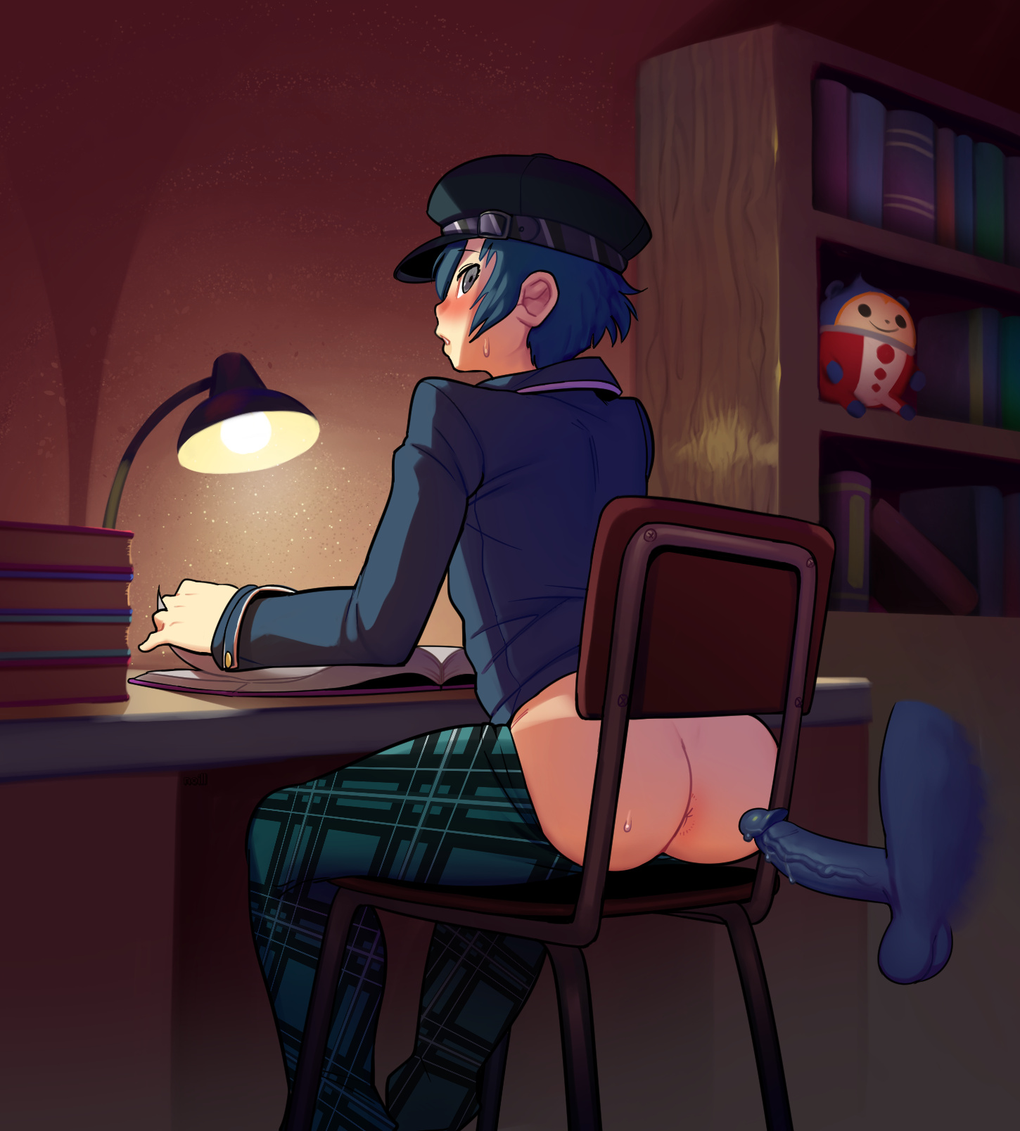 anus, ass, atlus, balls, blue hair, blush, chair, clothing, disembodied penis, female, from behind, hat, headwear, huge cock, human, imminent anal, imminent sex, male, megami tensei, noill, pale skin, penis, persona, persona 4, shirogane naoto, short hair, sitting, sweat, tomboy