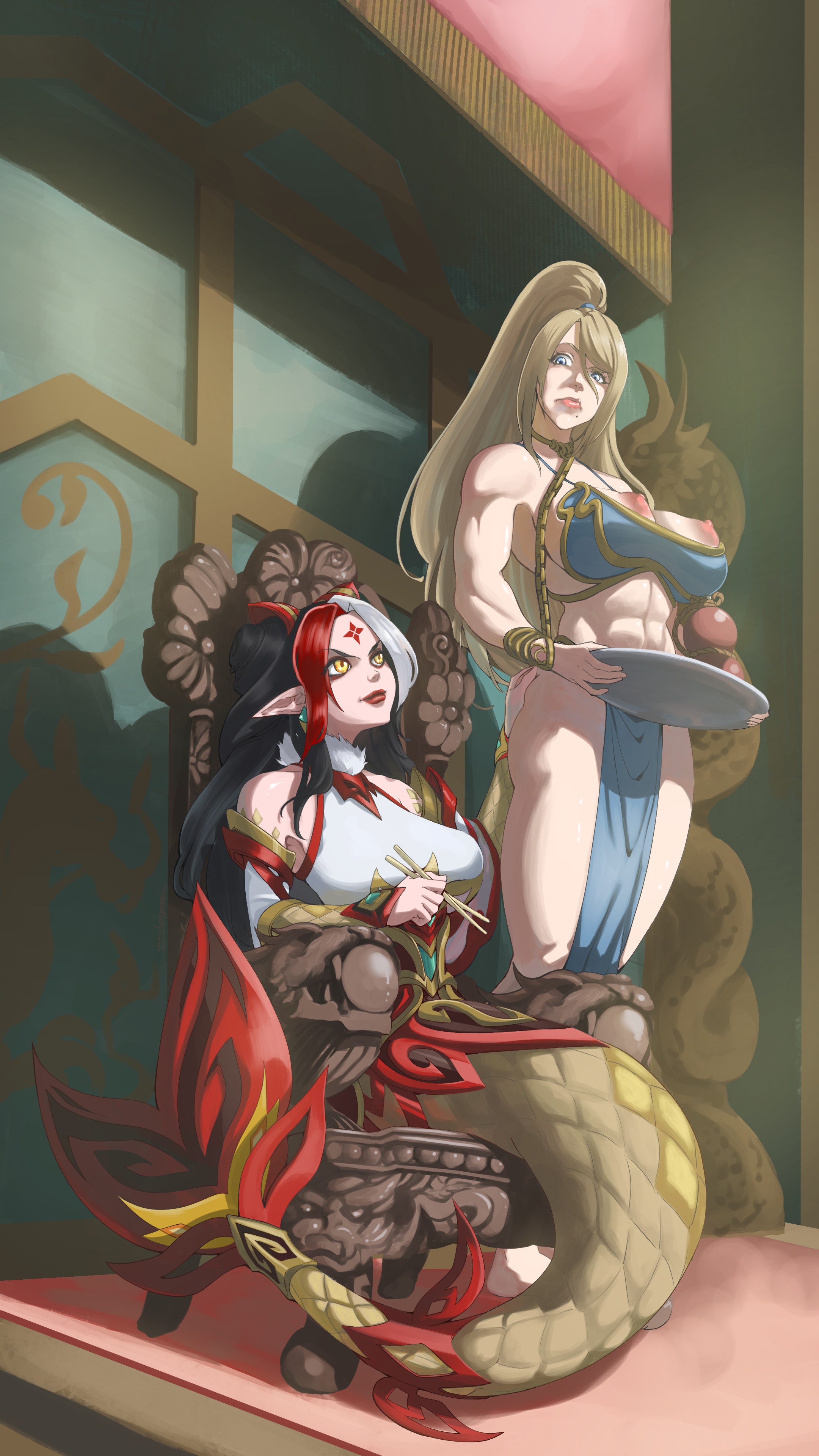 2girls, apocalipsejack, ass, ass grab, black hair, blonde, blonde hair, blue eyes, chopsticks, commission, crack pairing, crossover, crossover pairing, crossover ship, crossover shipping, dark hair, eastern and western character, female, female only, frown, gourd, gourd bottle, groping, groping ass, hair highlights, hand on ass, highlights (coloring), human, interspecies, league of legends, long hair, lunar revel series, marai, merfolk, mermaid, metroid, monster girl, mythmaker nami, mythmaker series, nami (league of legends), nipples, nipples outside, platter, ponytail, red hair, samus aran, servant, serving tray, sex slave, slave, slave bikini, slave girl, smile, smug, split form, vastaya, yellow eyes, yuri