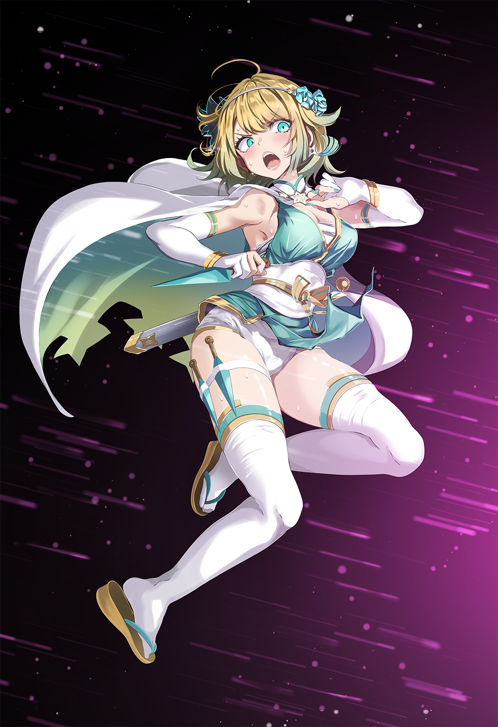 1girls :o ahoge alternate_costume angry armpits bangs bare_shoulders bare_thighs black_background blonde_hair blue_eyes blue_nails blush breasts cape chest_sarashi cleavage clothes_lift defeated earrings elbow_gloves female female_only fingerless_gloves fire_emblem fire_emblem_heroes fjorm_(fire_emblem) fjorm_(ninja)_(fire_emblem) flower gloves gradient_hair hair_flower hair_ornament highres holding holding_weapon humiliation incoming_attack jewelry knife kunai looking_to_the_side mask mask_on_head medium_breasts multicolored_hair nail_polish nervous ninja nintendo official_alternate_costume open_mouth panties pelvic_curtain pelvic_curtain_lift sandals sarashi serious short_hair shuriken sideboob skirt_lift solo speed_lines sweat sword thighhighs thighs torn_clothes tsukishiro_saika underwear upskirt v-shaped_eyebrows wardrobe_malfunction weapon white_gloves white_mask white_panties yellow_hair