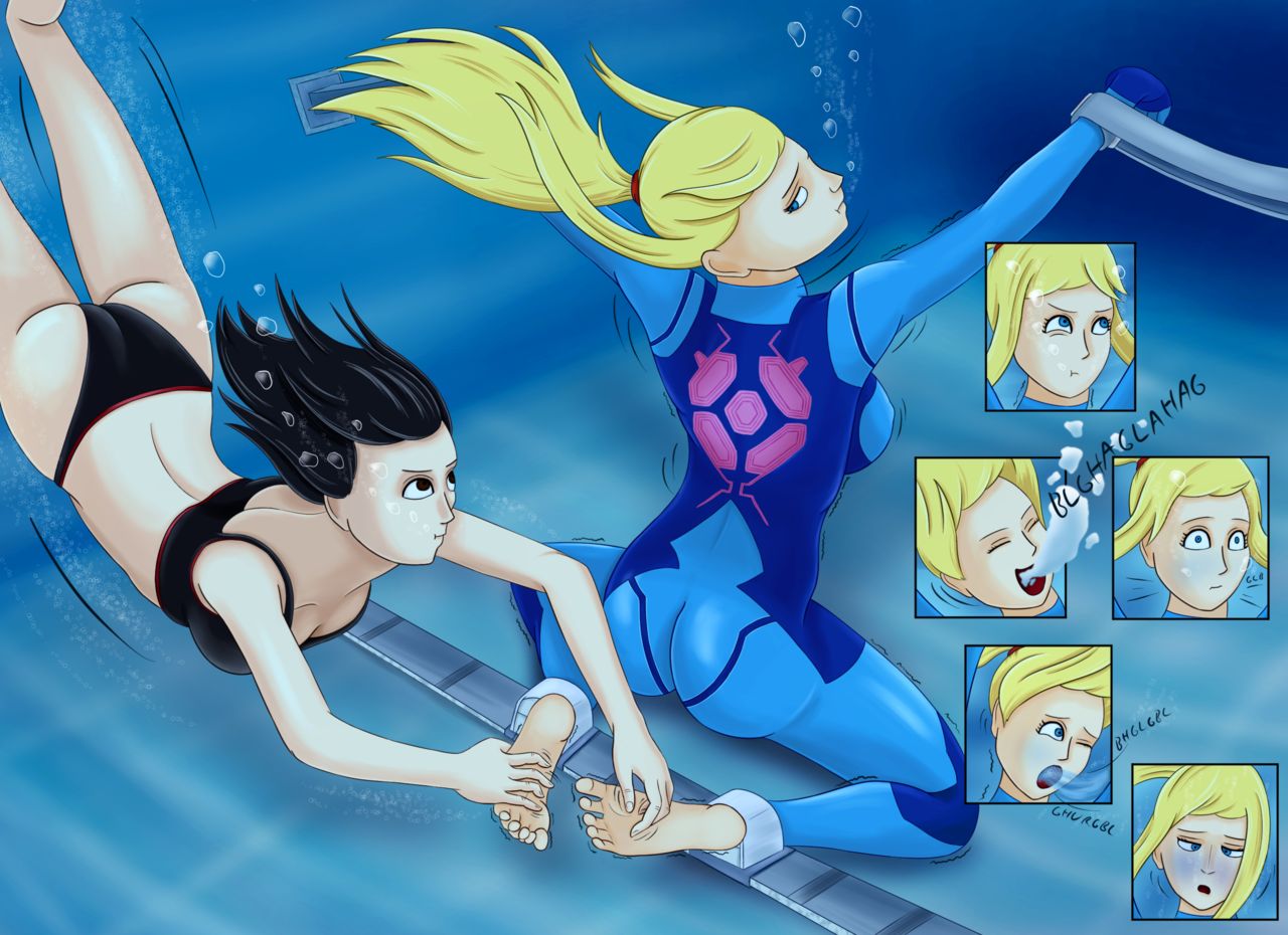 air_bubbles ass breasts drowning feet geldibson laughing metroid original_characters samus_aran tickling underwater