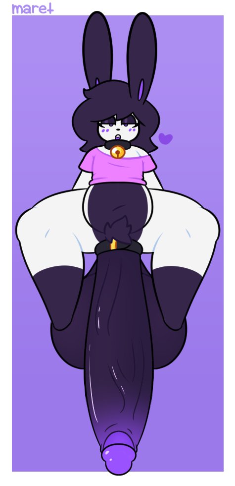 2023, 2d, abstract background, anthro, bell collar, black hair, bunny, bunny boy, bunny ears, choker, cock ring, collar, evilfiendish, femboy, femdom, fur, furry, heart, huge balls, huge cock, hung trap, hyper, hyper balls, hyper genitalia, hyper penis, lagomorph, looking at viewer, mare (evilfiendish), massive balls, massive penis, presenting, presenting penis, pubic hair, purple eyes, rabbit, rabbit boy, shoulder cutout, sultry eyes, veiny penis, whore eyes