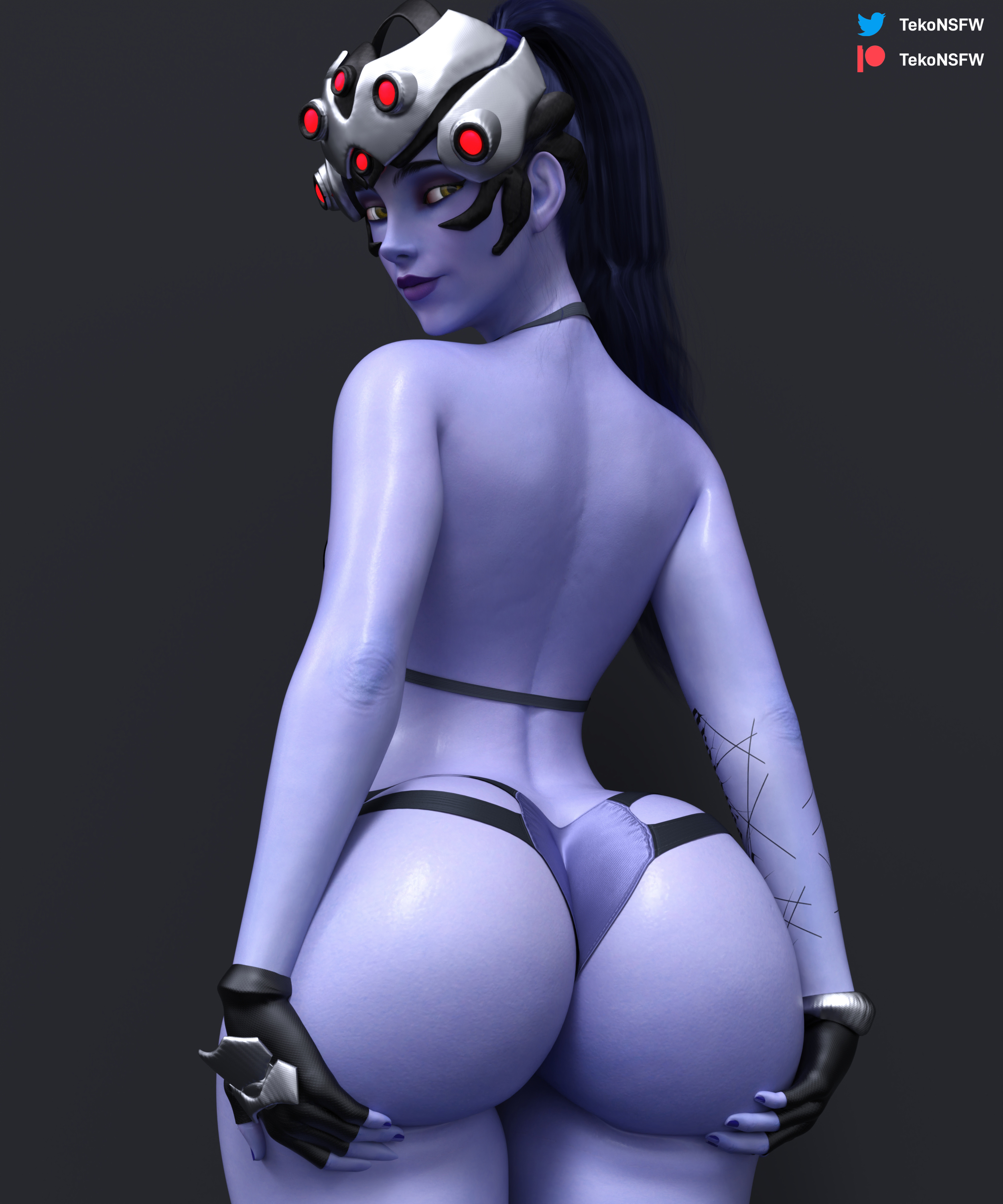 1girls, 3d, ass, bathroom, big ass, blue hair, blue skin, breasts, female, female only, fit, fit female, from behind, grabbing own breast, huge ass, long hair, looking at viewer, looking back, muscular, muscular female, nude, overwatch, overwatch 2, panties, pose, rear view, smile, solo, solo female, standing, tekonsfw, thick thighs, thong, underwear, viewed from behind, widowmaker