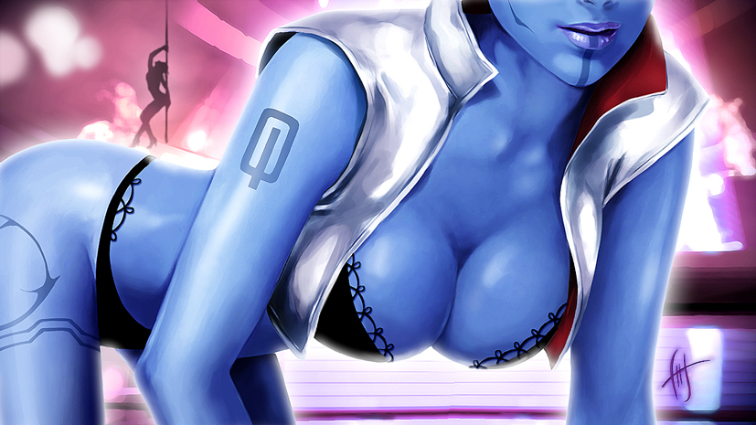 1girls, alien, alien girl, all fours, arched back, aria t'loak, asari, ass, ass up, blue skin, bra, breasts, cleavage, female, female only, hanging breasts, humanoid, large breasts, levelanix, lingerie, mass effect, no humans, panties, pole dancing, solo, tattoo