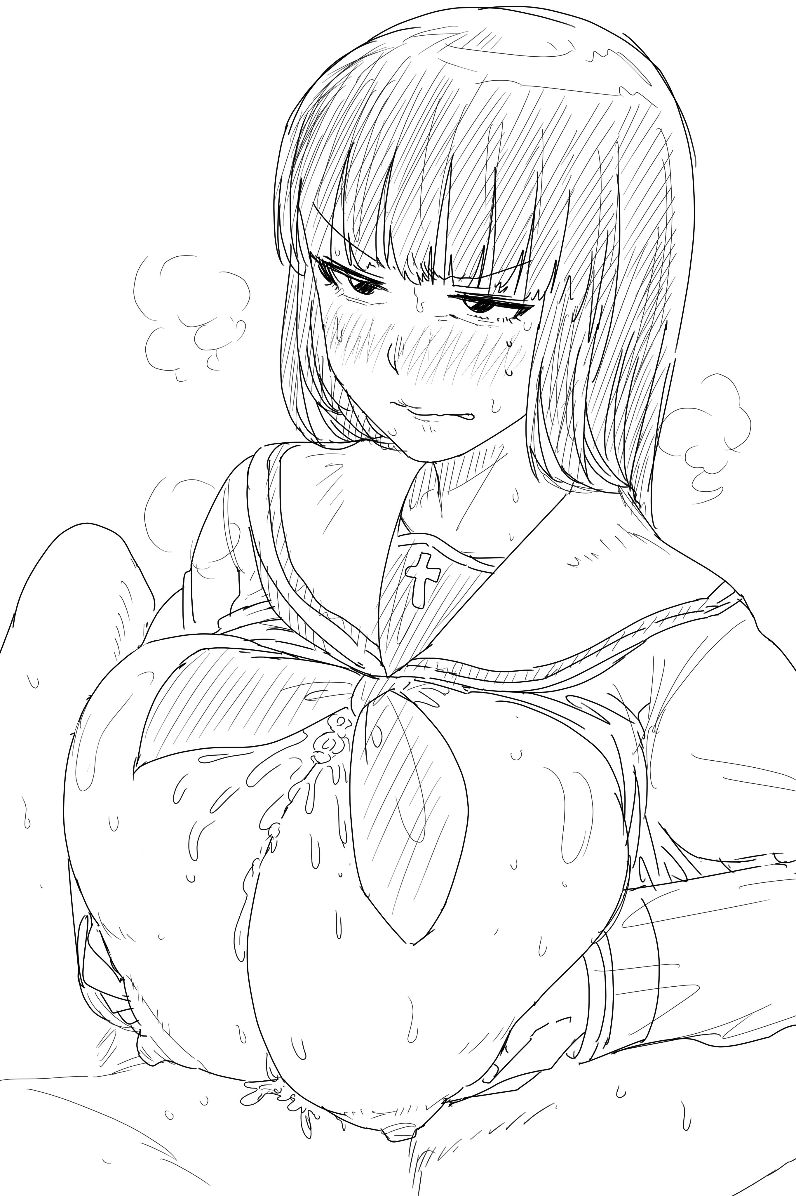 1boy, 1girls, alternate breast size, asian, asian female, big breasts, black hair, blush, breasts, breasts out, cum, cum between breasts, ejaculation, ejaculation between breasts, embarrassed, female, girls und panzer, greyscale, heart, huge breasts, japanese text, kaiman garupan, large breasts, long hair, looking at viewer, male, milf, nipples, nishizumi shiho, open clothes, open shirt, paizuri, paizuri lead by female, paizuri on lap, straight, sweat, text, translation request