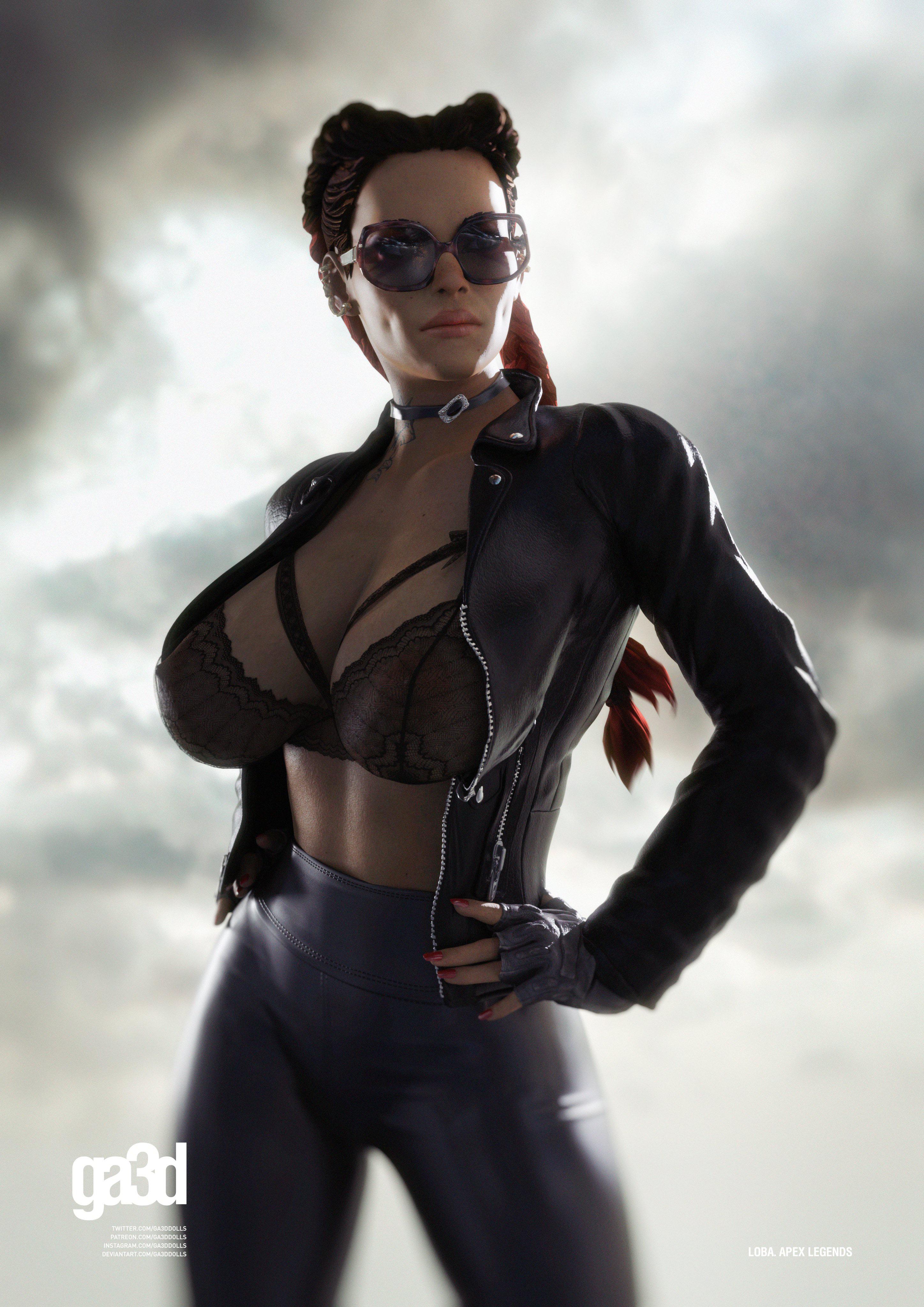 1girls, 3d, apex legends, big breasts, breasts, dark skin, dark-skinned female, female, female only, ga3ddolls, leather jacket, leather pants, loba (apex legends), solo, sunglasses, tinted eyewear