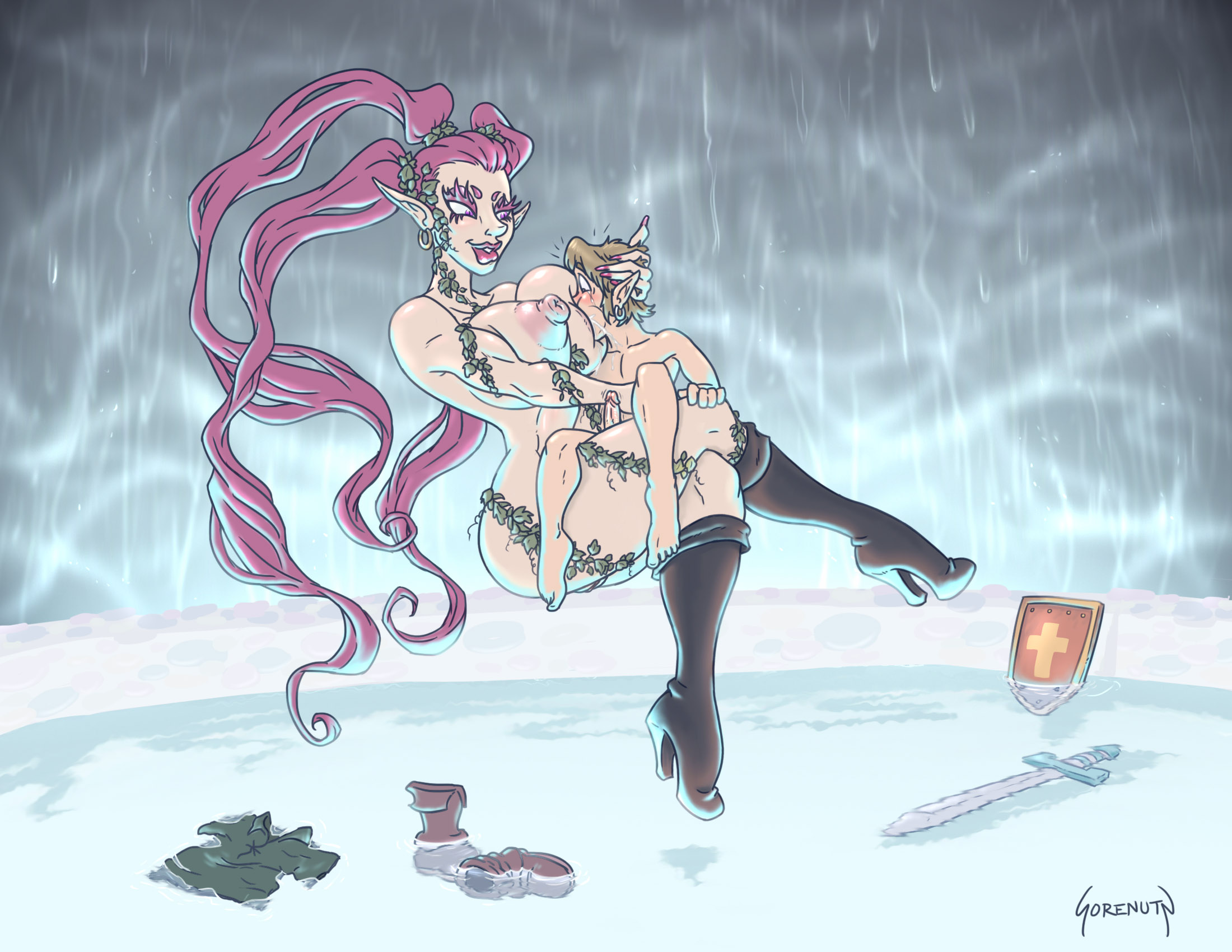 1boy, 1girls, black boots, boots, breastfeeding, breasts, fairy, female, femdom, floating, giant fairy, giantess, great fairy, great fairy (ocarina of time), high heel boots, high heels, larger female, link, lipstick, long hair, magic, male, ocarina of time, penis, pink lipstick, purple hair, smaller male, sorenutz, the legend of zelda