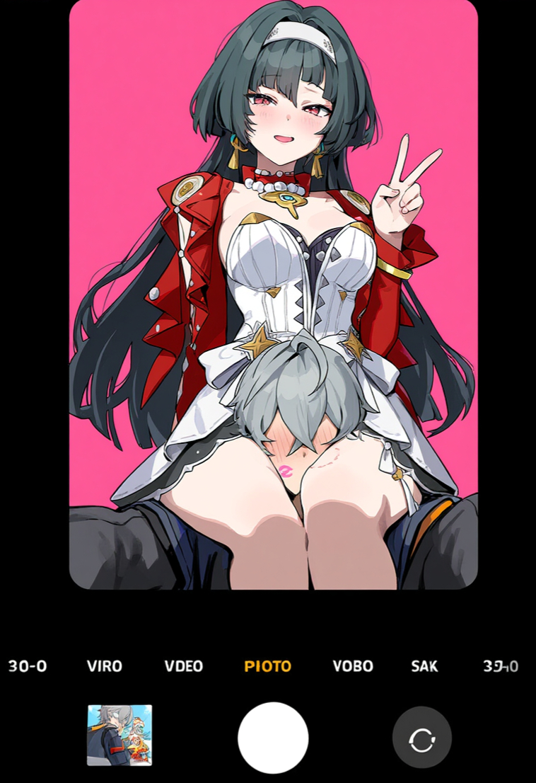 1boy 1girls ai_generated anime anime_style astra_yao between_legs black_hair blush breasts carrying carrying_partner large_breasts peace_sign phone phone_screen red_eyes sitting sitting_on_person thighs wise_(zenless_zone_zero) zenless_zone_zero