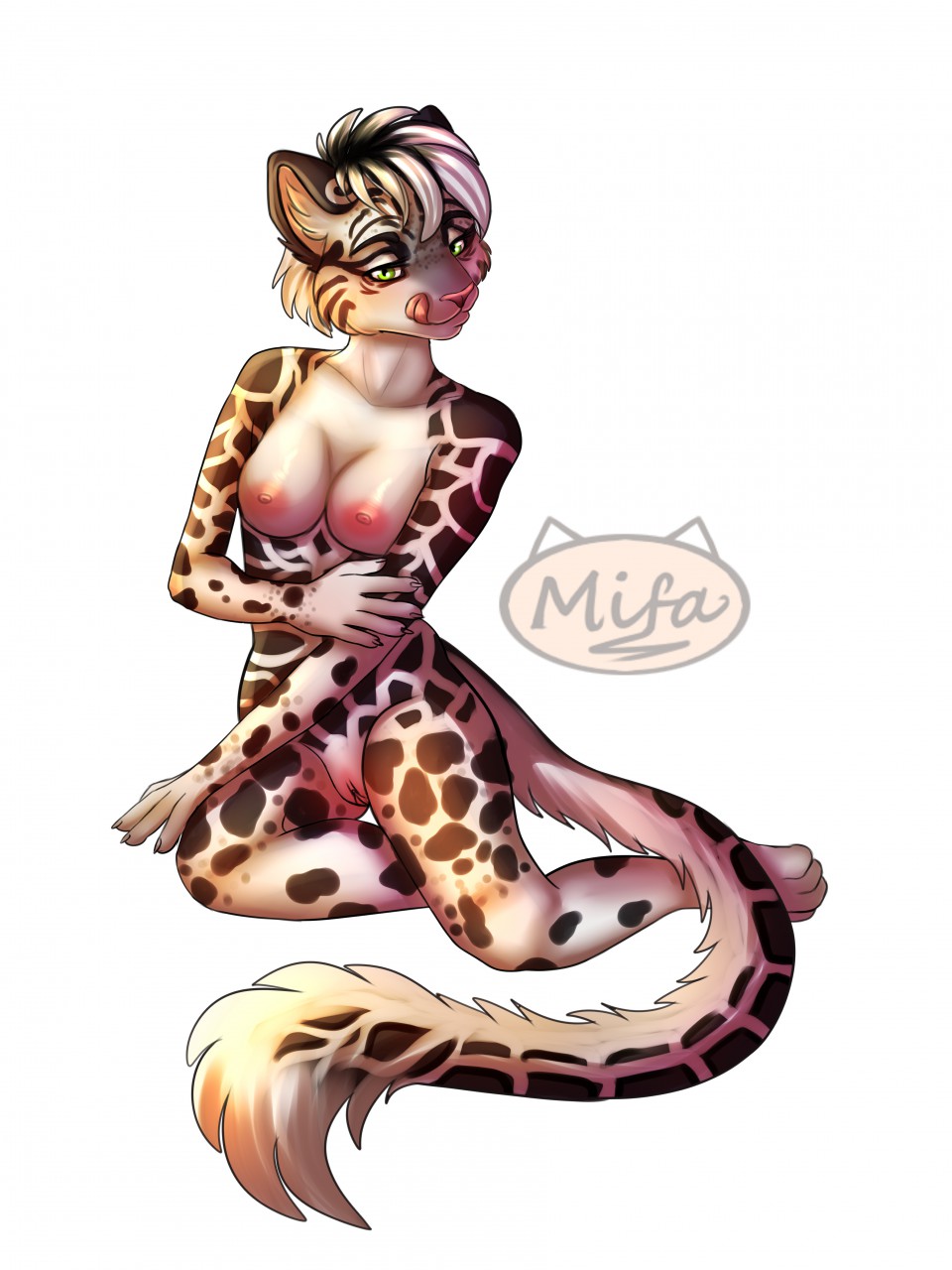 2017 5_fingers anthro breasts digital_media_(artwork) feline female fur green_eyes hair mammal mifa nipples pussy simple_background smile solo spots spotted_fur white_background