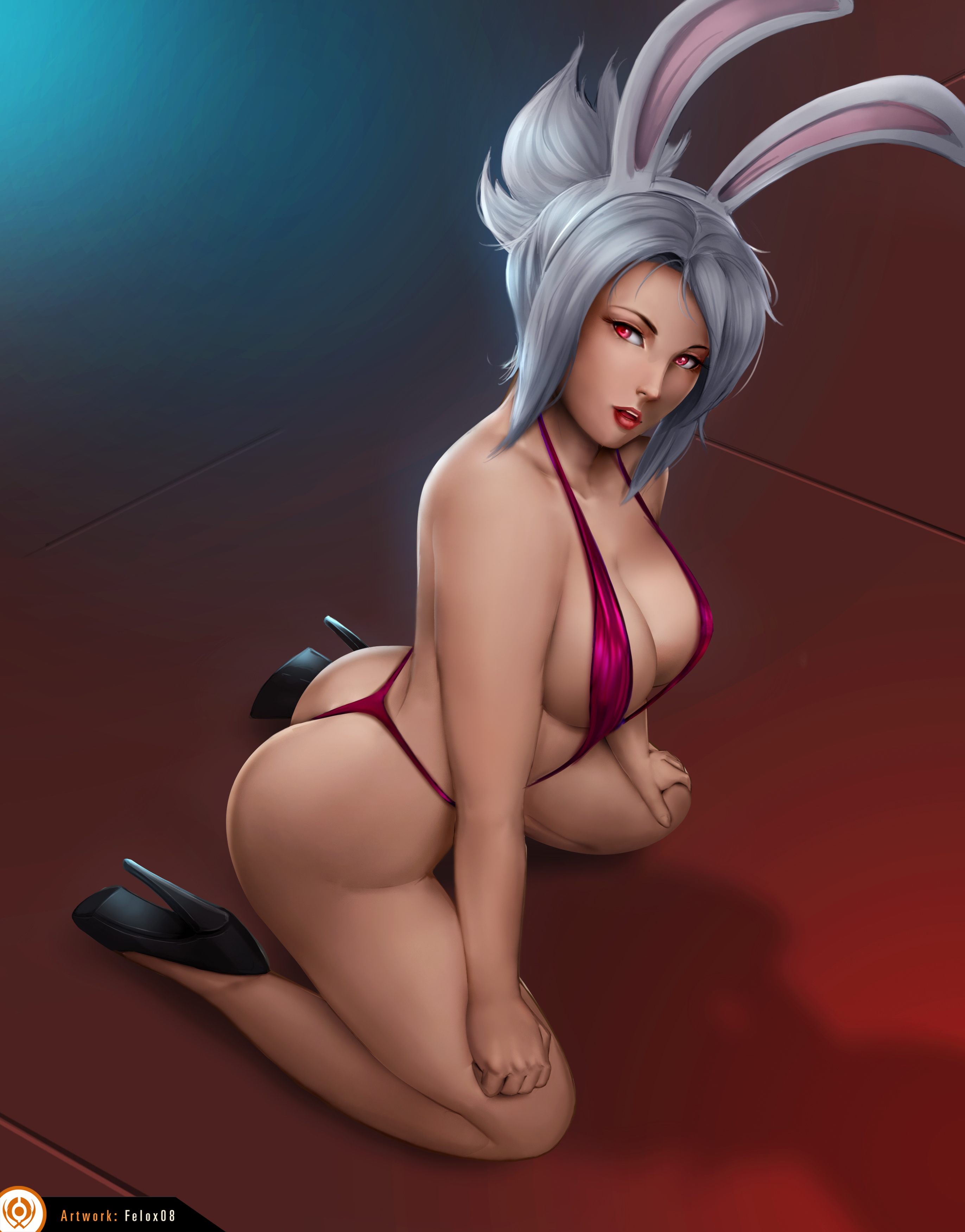 absurdres, ass, battle bunny riven, bikini, breasts, bunny ears, bunny girl, cleavage, felox08, female, female only, highres, league of legends, looking at viewer, panties, riven, sling bikini, solo