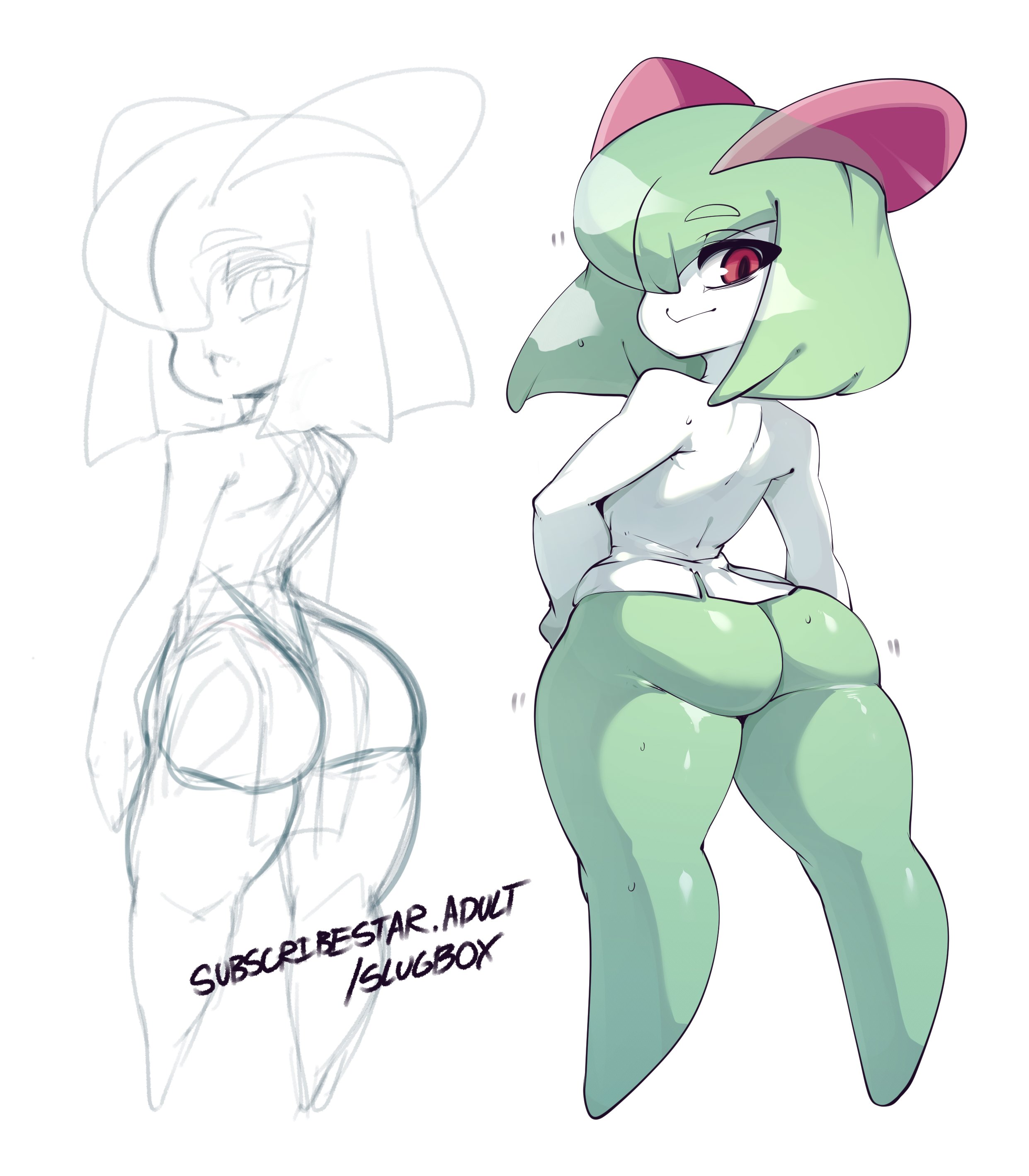 ass, female, green hair, kirlia, pokemon, pokemon (species), red eyes, shortstack, slugbox, tagme, thick thighs