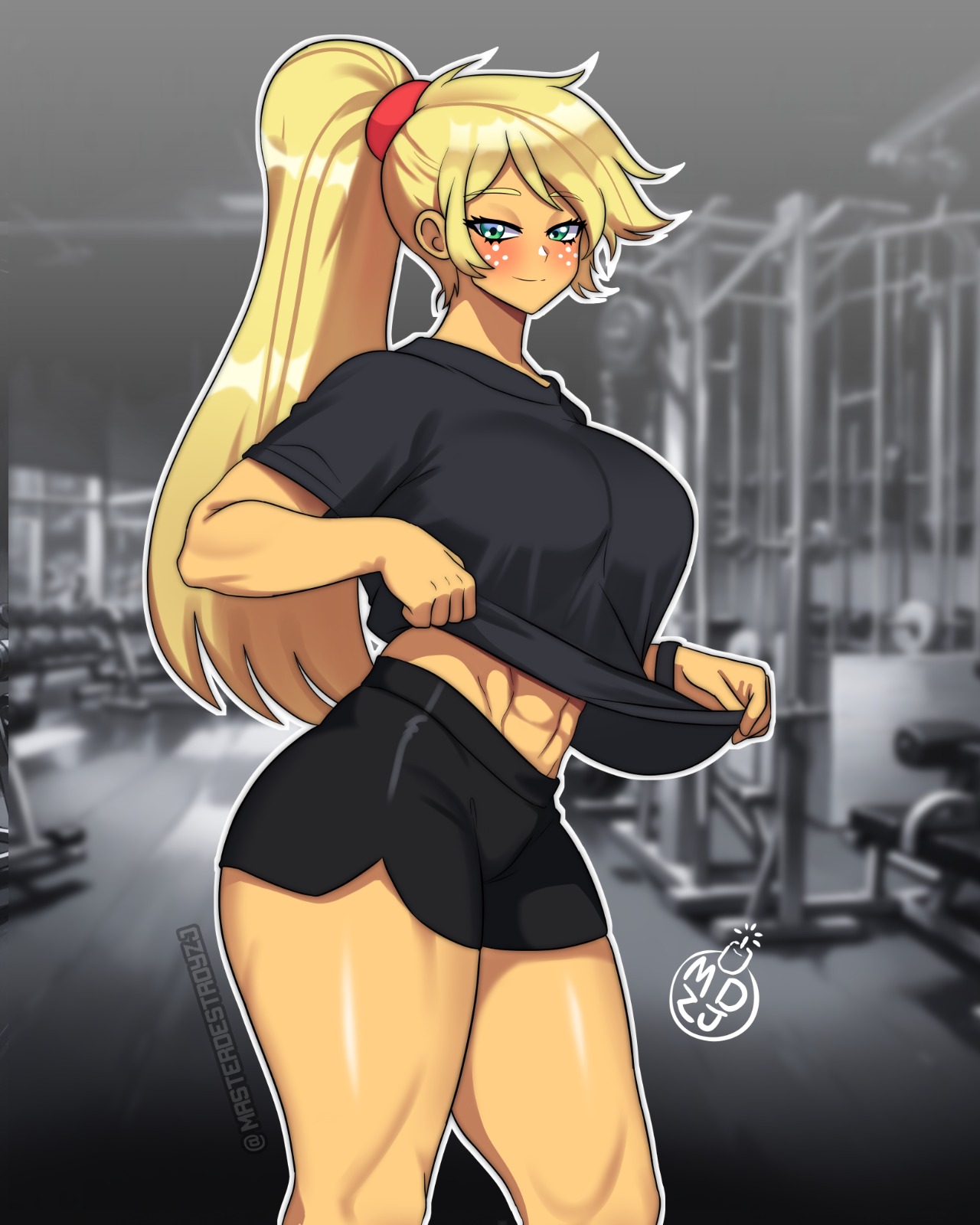 abs, applejack (eg), applejack (mlp), ass, big ass, big breasts, big butt, big thighs, big titties, breasts, curvaceous, curvaceous female, curvaceous figure, curvy, curvy figure, curvy hips, equestria girls, female, female focus, female only, green eyes, gym, gym clothing, long hair, looking at viewer, masterdestroyzj, my little pony, orange skin, ponytail, strong, strong female, yellow hair