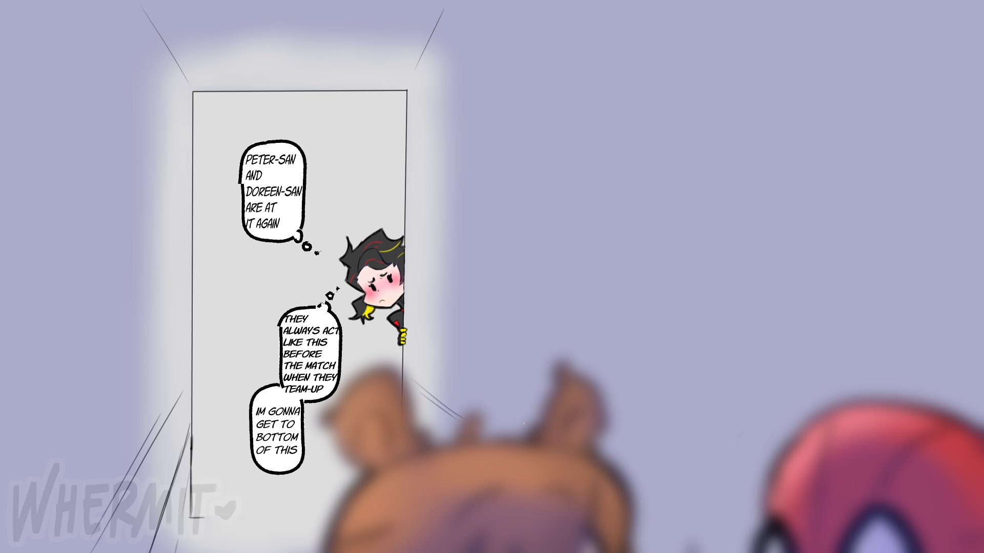 2girls, doreen green, eavesdropping, english text, female, fully clothed, male, marvel, marvel comics, marvel rivals, peni parker, peni parker (marvel rivals), peter parker, spider-man, spider-man (marvel rivals), spider-man (series), squirrel girl (marvel rivals), squirrel girl (marvel), text, whermit