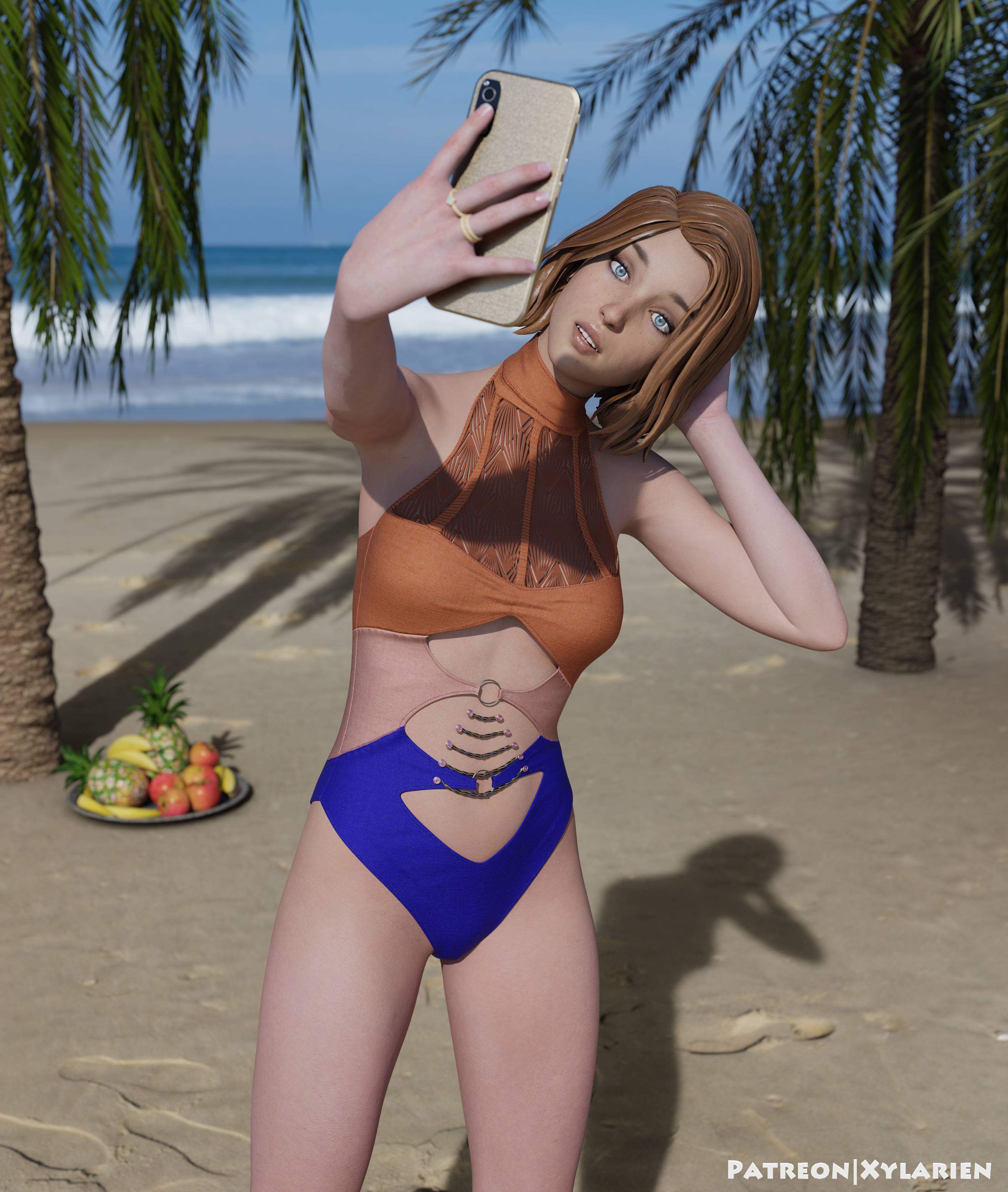 1girls, 3d, artist name, beach, breasts, female, human, life is strange, life is strange: double exposure, max caulfield, max caulfield (double exposure), one-piece swimsuit, outside, patreon, phone, pose, selfie, small breasts, solo, swimsuit, taking selfie, xylarien