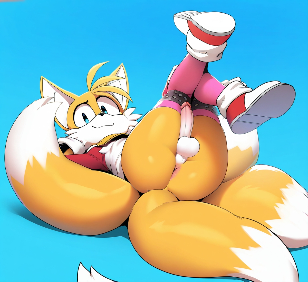 1boy, ai generated, anthro, anus, ass, balls, blue eyes, canine, legs up, looking at viewer, lying, male, male only, miles prower, miles tails prower, mobian (species), on back, penis, presenting, smile, solo, sonic (series), tails, tails the fox