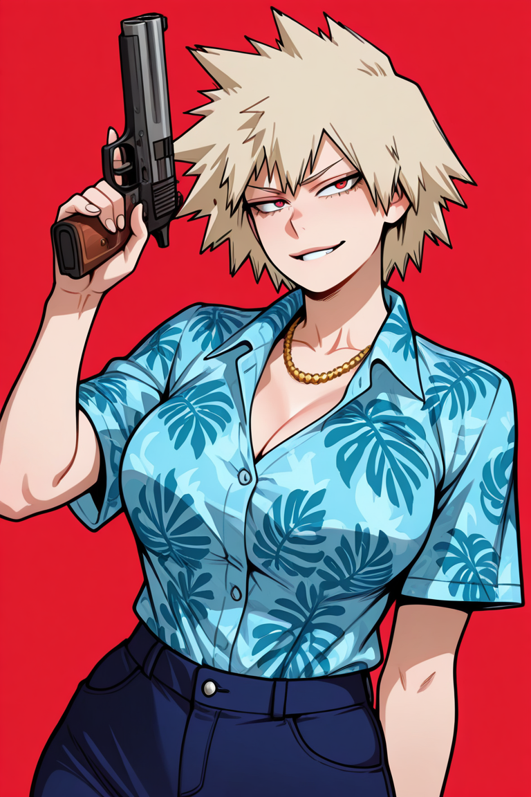 1girls ai_generated bakugou_mitsuki blonde_hair blue_shirt buttoned_shirt cleavage cosplay denim evil_smile gold_jewelry hawaiian_shirt large_breasts necklace red_eyes spiked_hair tommy_vercetti