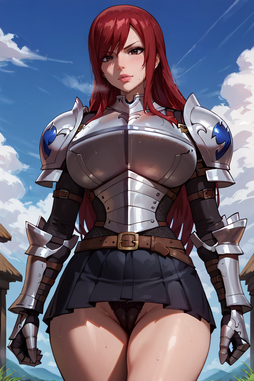 ai_generated armor belt big_breasts black_panties blue_sky breasts brown_eyes cloud cloudy_sky cowboy_shot curvy day erza_scarlet fairy_tail female gauntlets large_breasts lips long_hair looking_at_viewer mature_female milf naughtygirlsai outdoors panties red_hair skirt sky solo standing sweat thighs underwear weapon