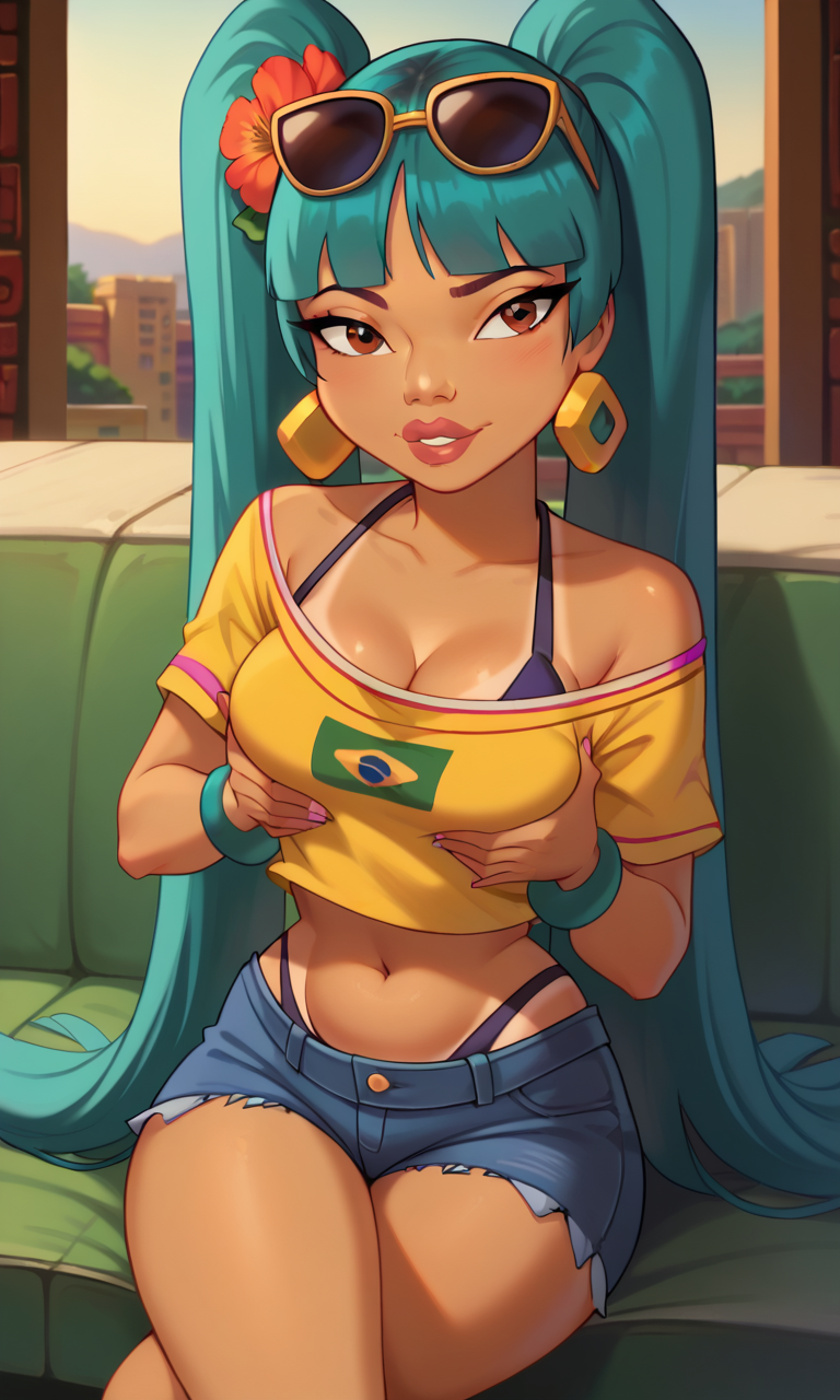 ai_generated ass bigmic145 brazil brazilian brazilian_miku brazilian_miku_(cosplay) breasts chel chel_(the_road_to_el_dorado) cosplay crop_top dark-skinned_female double_ponytail dreamworks g-string jewelry midriff navel, shorts solo solo_female tanline the_road_to_el_dorado