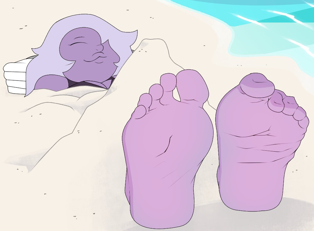 1girls absurdres amethyst_(steven_universe) barefoot beach beach_towel boots_removed buried_in_sand cartoon_network chubby_female closed_eyes countershade_feet feet feet_together female_focus female_only foot_fetish foot_focus foot_worship gem_(species) highlighted_soles highres purple_skin relaxing resting sea shortstack smelly_feet smiling soles soles_fetish steven_universe sweaty_feet toes two_tone_feet