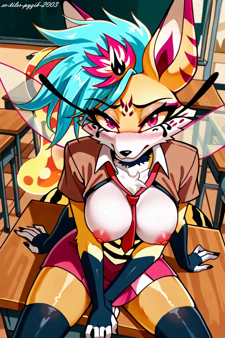 1girls ai_generated anthro blush breasts female furry furry_female helluva_boss looking_at_viewer pink_eyes queen_bee-lzebub_(helluva_boss)