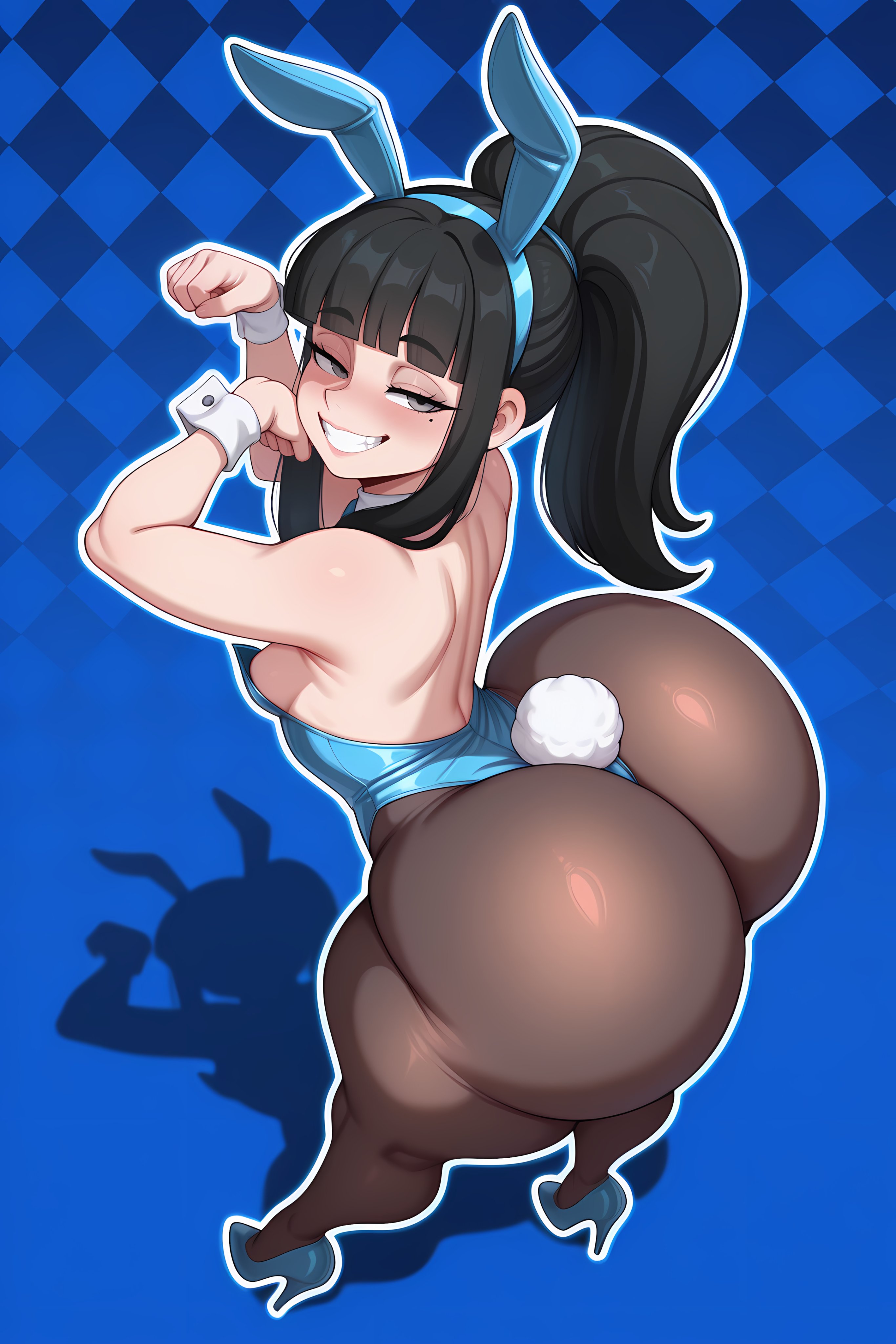 1girls, absurd res, absurd resolution, absurdres, ai generated, ass, big ass, big butt, black hair, bottom heavy, breasts, bunny ears, bunny girl, bunnysuit, el memc, fat ass, female, female focus, female only, grey eyes, high-angle view, light skin, light-skinned female, long hair, looking at viewer, memch0, only female, original, original character, phat ass, ponytail, small breasts, smile, smiling, teeth, teeth showing, teeth visible, zoe (memch0)