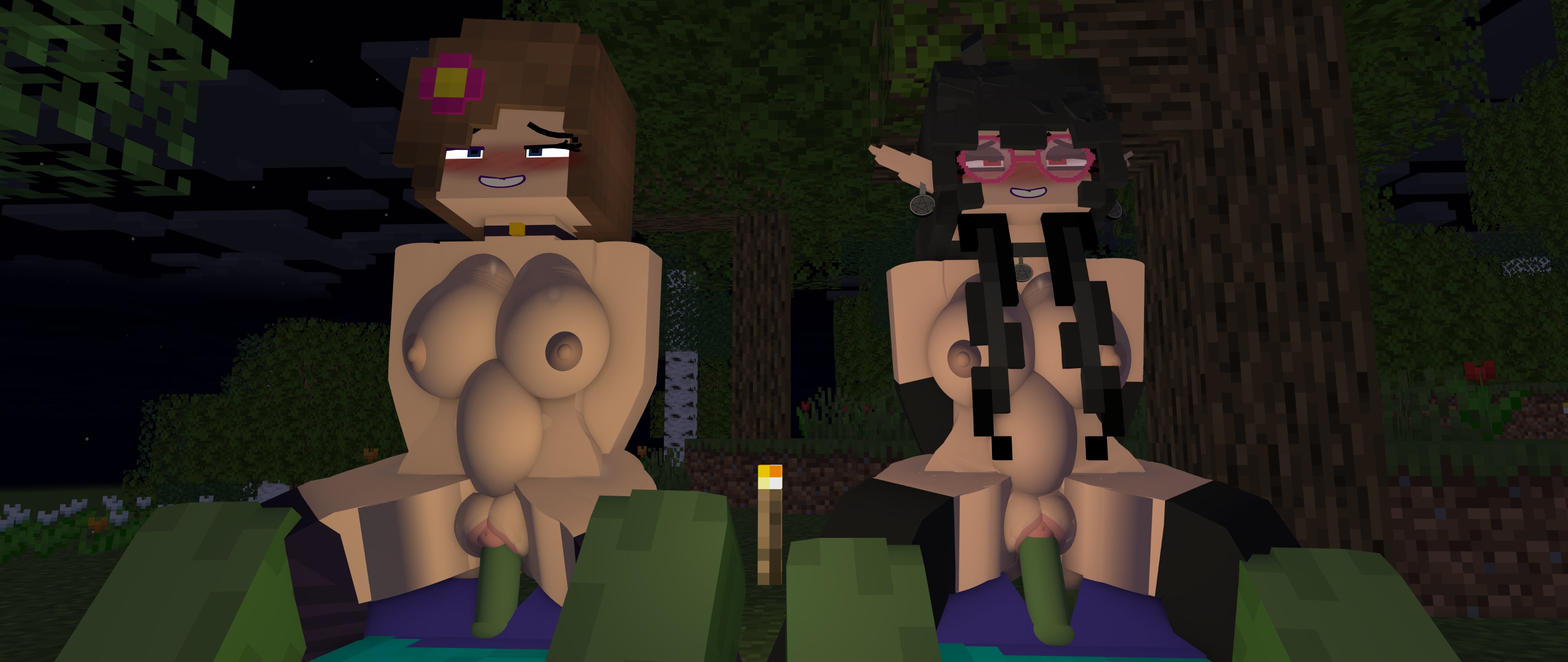 brown hair, female, jenny belle (slipperyt), mayaishtarnsfw, minecraft, pussy, spread legs, spreading pussy, stomach bulge, straight, zombie (minecraft)