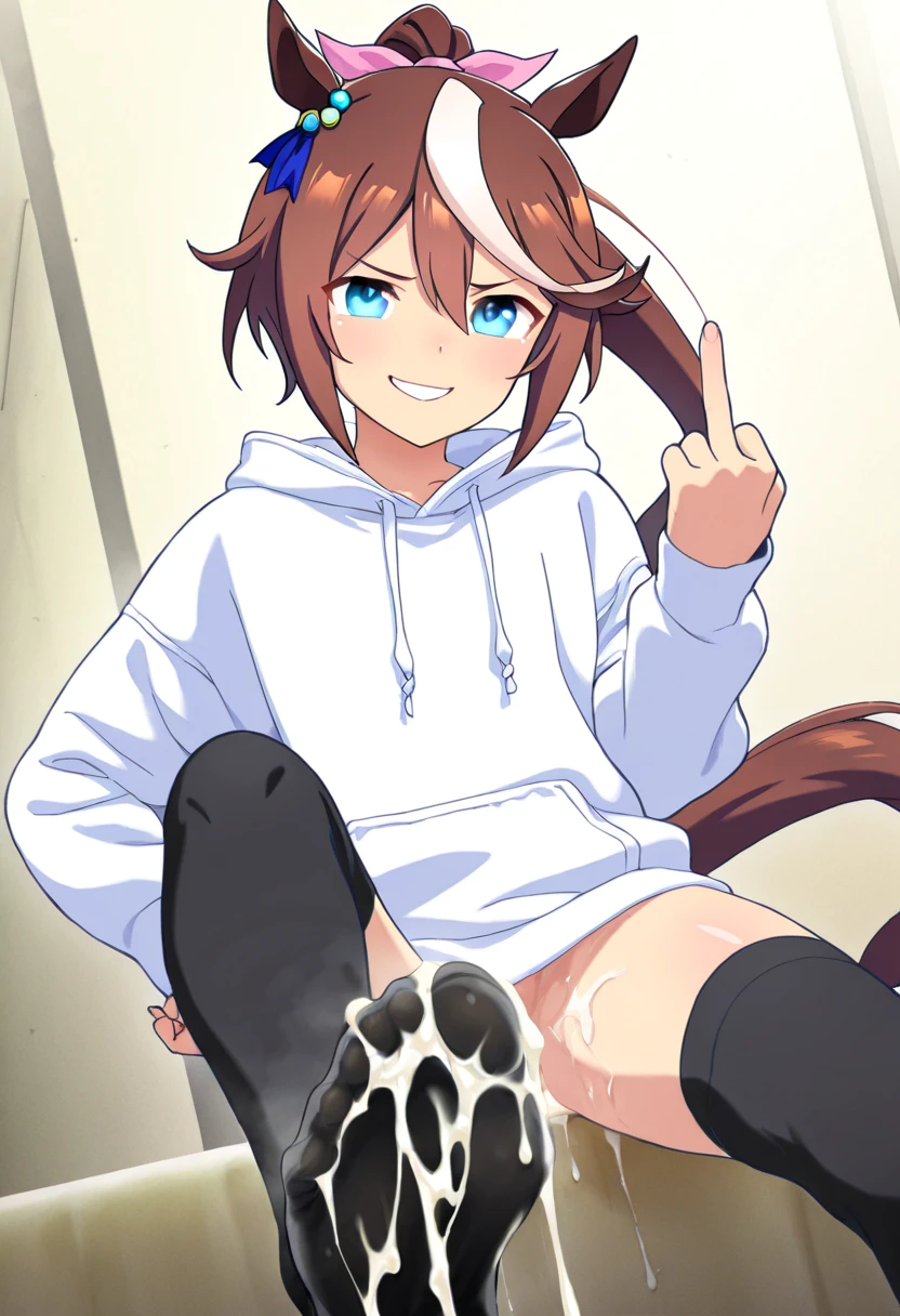 1boy after_footjob after_sex ai_generated animal_ears begin_humiliated blue_eyes brown_hair bullying cum cum_in_feet cum_in_foot cum_in_socks cum_on_feet cum_on_foot cum_on_socks feet feet_focus foot_focus horse_ears horse_girl horse_tail middle_finger perverted_smile pov pov_focus slave smile sockjob socks socks_focus soles submissive_boy tokai_teio_(umamusume) umamusume umamusume_pretty_derby