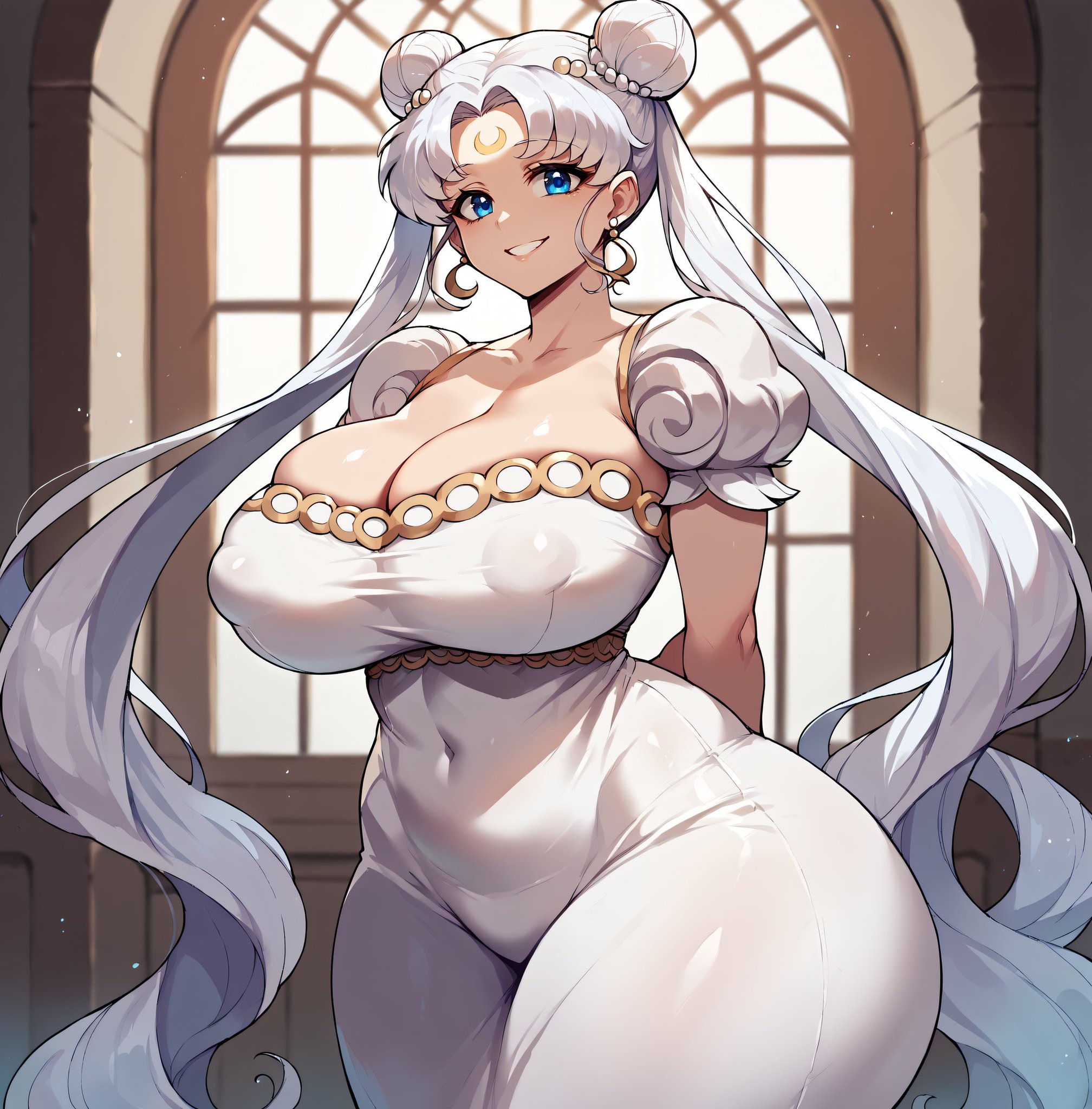 1girls, ai generated, areolae visible through clothing, bare thighs, bishoujo senshi sailor moon, blue eyes, breasts, female, gigantic breasts, goddess, huge breasts, huge thighs, light skin, light-skinned female, looking at viewer, massive breasts, neo queen serenity, nipples visible through clothing, smiling, smogai, solo, solo female, squatting, sweat, sweatdrop, thick body, thick female, thick thighs, thighs, twintails, voluptuous, voluptuous female, white dress, white hair