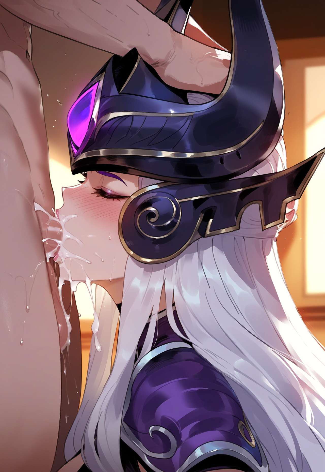 1boy, 1girls, ai generated, blowjob, blush, closed eyes, cum, cum in mouth, deepthroat, fellatio, female, hands on head, headgear, headwear, league of legends, long hair, male, miyuai, oral, oral sex, riot games, side view, sweat, sweatdrop, syndra, white hair