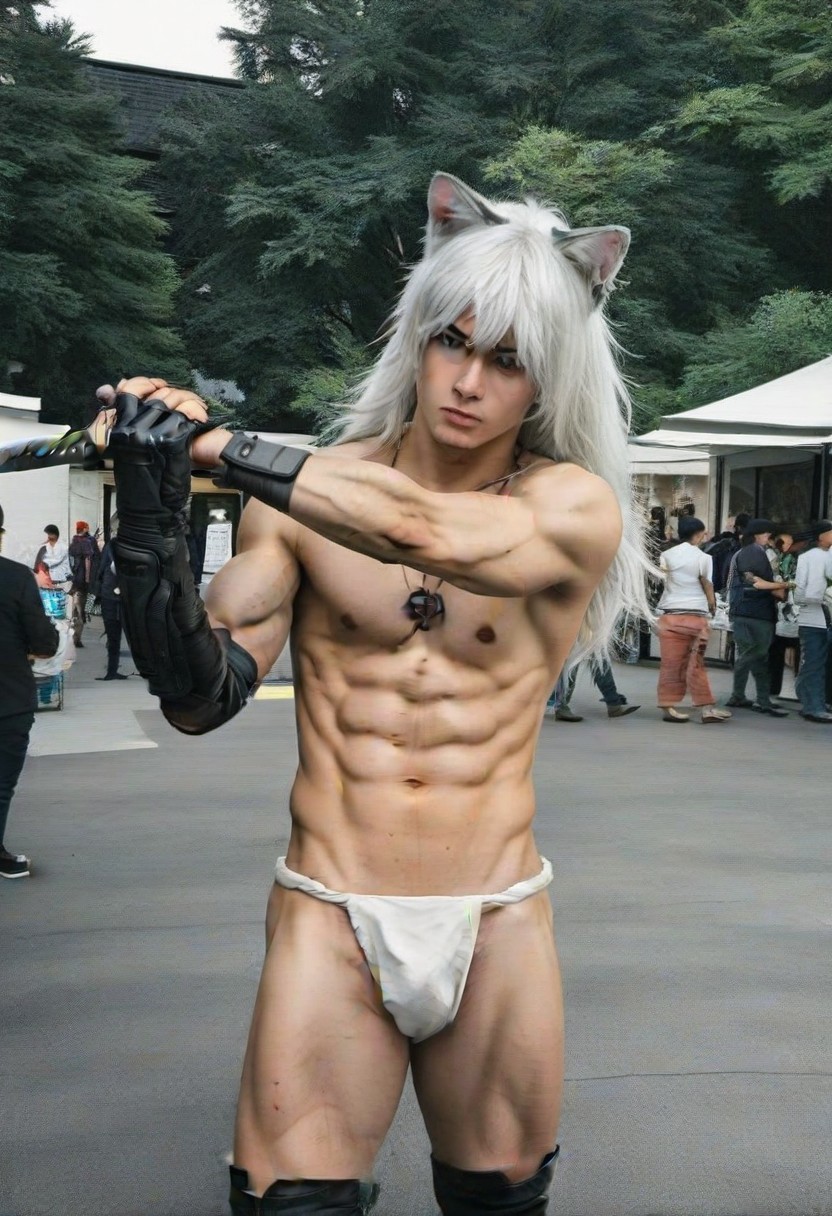 ai_art ai_assisted ai_generated cat_ears claws cosplay cosplayer fundoshi gay gloves katana long_white_hair male_focus male_only nekomimi photorealistic public realistic thigh_boots thigh_highs