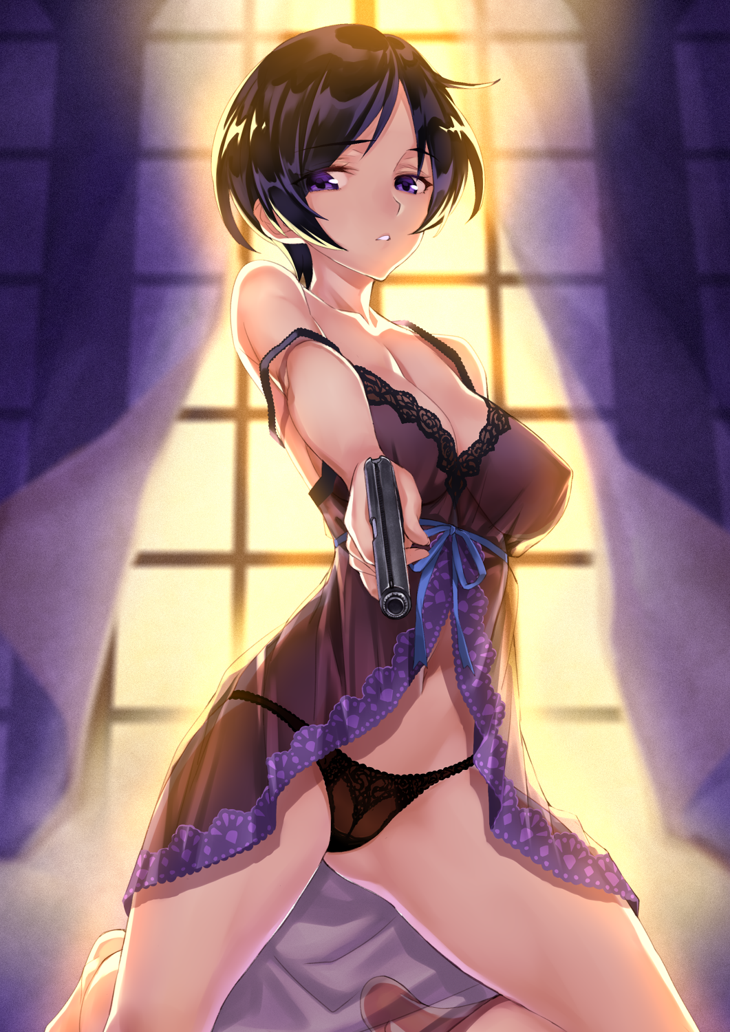 assassin_(learning_with_manga!_fgo) babydoll bad_id bad_pixiv_id black_hair black_panties blush borrowed_character breasts cleavage commentary_request covered_nipples fate/grand_order fate_(series) female gun handgun highres indoors kneeling lace lace_panties lingerie matsuryuu medium_breasts negligee panties parted_lips purple_eyes see-through_clothes short_hair solo star_(symbol) strap_slip underwear weapon