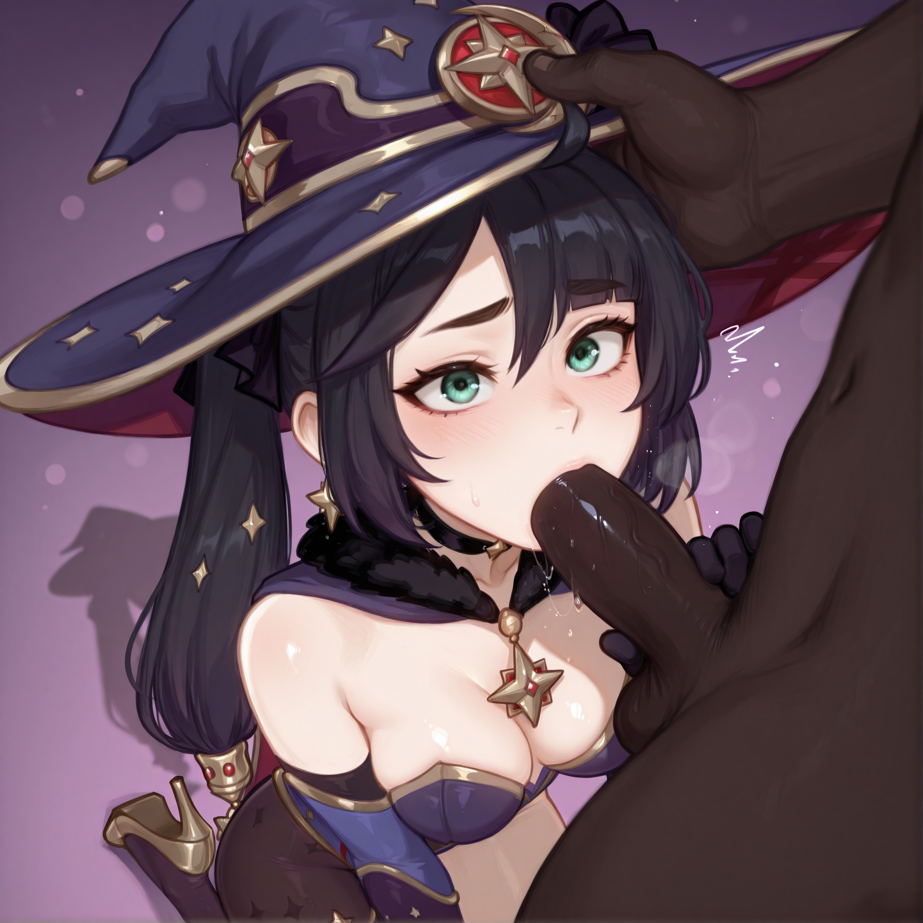 1boy, ai generated, bangs, bare shoulders, black hair, blush, breasts, brokewyt, choker, cleavage, dark skin, dark-skinned male, erection, fellatio, female, genshin impact, gloves, green eyes, hat, high heels, interracial, kneeling, leotard, long hair, medium breasts, mona (genshin impact), oral, pantyhose, penis, saliva, solo focus, straight, testicles, twintails, uncensored, witch hat
