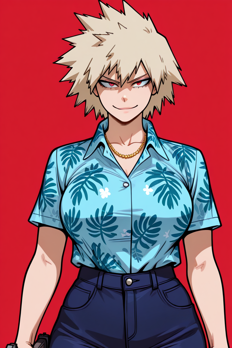 1girls ai_generated bakugou_mitsuki blonde_hair blue_shirt buttoned_shirt cleavage cosplay denim evil_smile gold_jewelry grand_theft_auto grand_theft_auto:_vice_city hawaiian_shirt large_breasts my_hero_academia necklace red_eyes spiked_hair tommy_vercetti_(cosplay)