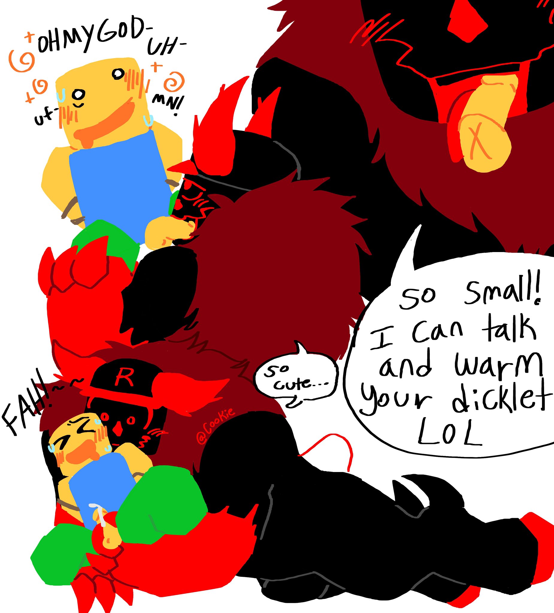 > <, 2boys, arms behind back, black body, black skin, blocky body, closed eyes, crumbz030, cum, cum on stomach, cumming, drooling, duo, forsaken (roblox), fur, gay, guest 666, guest 666 (forsaken), guest 666 dominating on noob, horns, male, noob (forsaken), noob (roblox), open mouth, penis, red fur, red horns, red tongue, roblox, roblox game, roblox23074, robloxian, size difference, sucking off, sucking penis, tail, text, tied, tied up, tongue, white background