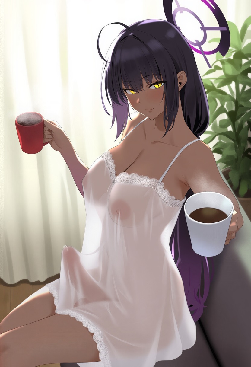 1futa 1girl ahoge ai_generated arched_back backlighting blue_archive blush coach coffee_mug cup curtains dark-skinned_female dark-skinned_futanari dark_skin erection erection_under_clothes eyelashes female futa_only futanari gerumusi halo holding_cup karin_(blue_archive) lace lace-trimmed_dress legs_together light_smile looking_at_viewer low_ponytail medium_breasts nightgown on_couch potted_plant precum purple_hair reaching_towards_viewer see-through see-through_clothing sitting solo testicles tsurime uncensored very_long_hair white_nightgown wooden_floor yellow_eyes