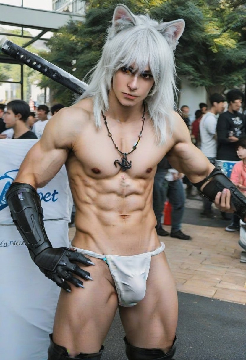 ai_art ai_assisted ai_generated cat_ears claws cosplay cosplayer fundoshi gay gloves katana long_white_hair male_focus male_only nekomimi photorealistic public realistic thigh_boots thigh_highs