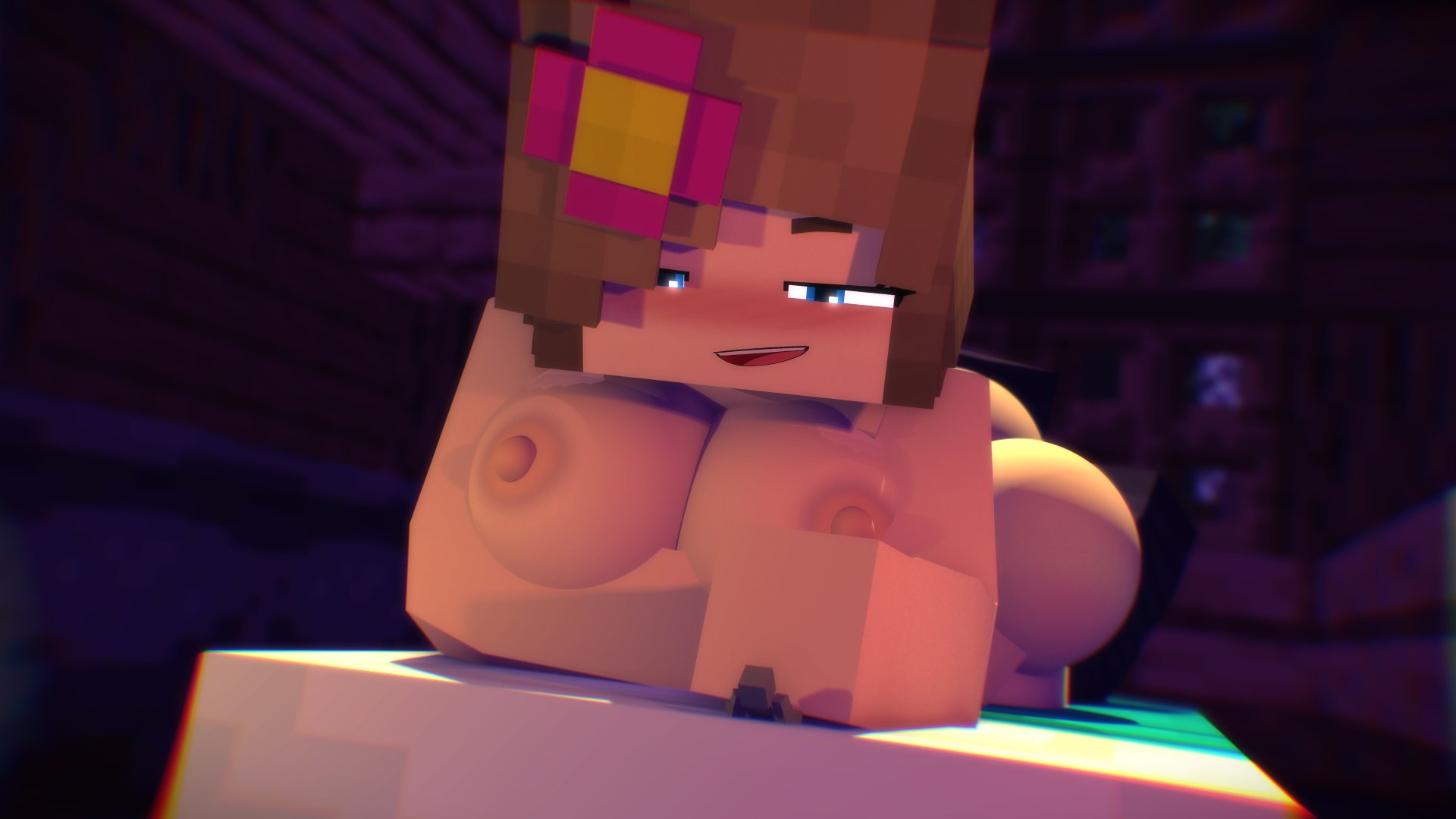 bed, big breasts, breasts, brown hair, female, giantess, goolba, jenny belle (slipperyt), macro, micro, minecraft, nude, nude female
