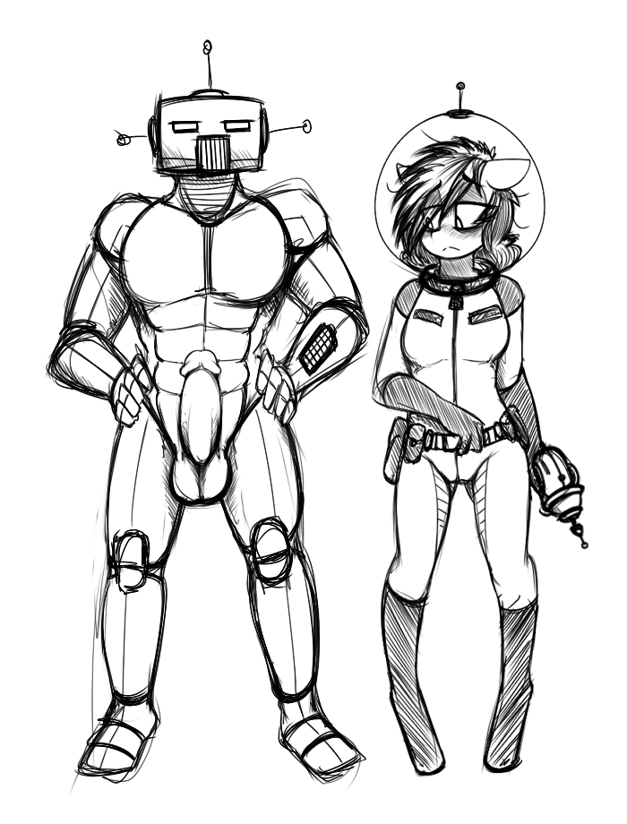 2017 abs anthro armor balls blush clothing equine fan_character female helmet horse humanoid_penis laser_gun looking_at_penis machine male mammal monochrome my_little_pony penis pony ranged_weapon ray_gun replica_(artist) replica_(oc) robot sketch spacesuit story story_in_description weapon