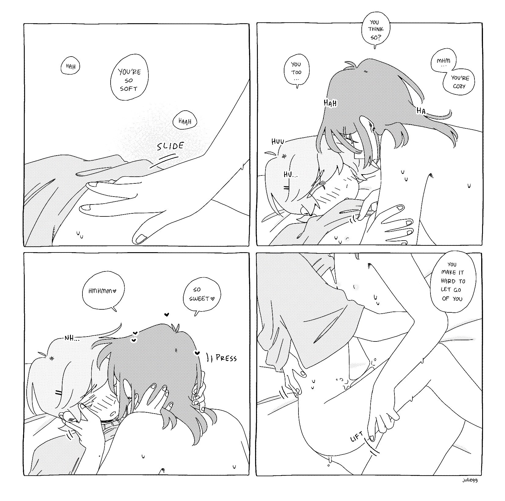 2boys, ahoge, artist name, bed, bed sheet, between legs, blonde hair, blush, brown hair, closed eyes, comic, completely nude, cum, cum on body, cum string, dialogue, ear piercing, earrings, english text, erect nipples, eyebrows visible through hair, frottage, functionally nude, greyscale, half-closed eyes, hand on another's arm, hand on another's face, hand on another's stomach, hand on another's thigh, heart, juliegg, kouta (juliegg), leg lift, looking at another, looking at partner, looking pleasured, lying, lying on back, lying on bed, lying on side, male, male nipples, moaning, mole, mole on arm, monochrome, motion lines, nipples, nude, original, romantic, romantic couple, rui (juliegg), shirt lift, side view, sound effects, speech bubble, spoken heart, spread legs, sweat, sweatdrop, thigh grab, unseen male face, watermark, white background, wholesome, yaoi