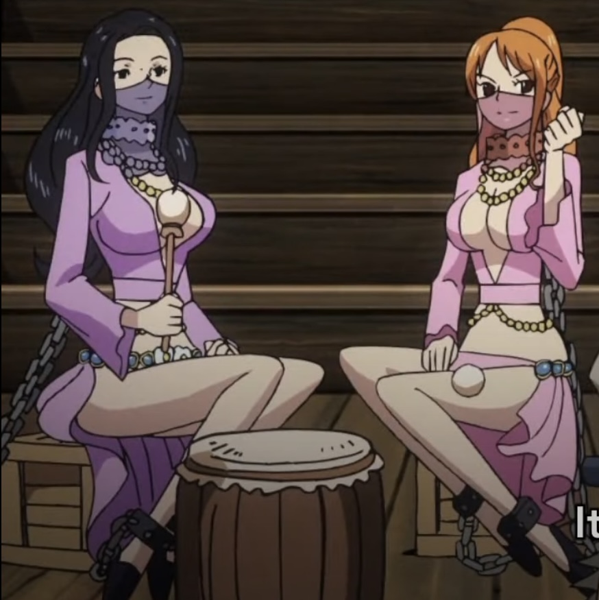 2010s anime anime_girl anime_screencap anime_style ankle_cuffs bare_legs bare_midriff bare_shoulders bare_thighs barefoot beaded_jewelry beaded_necklace beads belly_button belly_dancer belly_dancer_outfit big_breasts big_breasts black_hair black_high_heels blue_eyes bracelet cat_burglar chain_leash chained chained_ankles chained_collar chained_together chained_up chains chains cleavage collar dancer dancer_girl dancer_outfit drum drumsticks face_veil flower_belt flower_pattern ginger ginger_hair gold_(metal) gold_bracelets gold_collar gold_jewelry gold_necklace gold_neckwear golden_bracelets golden_collar golden_necklace golden_neckwear green_eyes harem harem_girl harem_jewelry harem_outfit high_heels highlights highlights_(coloring) inner_sideboob leash leash_and_collar leashed_collar light-skinned_female light_skin loincloth long_hair metal_collar midriff nami nami_(one_piece) navel necklace nico_robin one_piece orange_hair pink_loincloth pink_silk pirate ponytail purple_loincloth purple_silk purple_top purple_topwear screenshot see-through see-through_clothing see-through_veil sideboob silk silk_clothing silk_loincloth silk_top silk_veil slave slave_collar slave_outfit slavegirl smile smiling thick_thighs veil