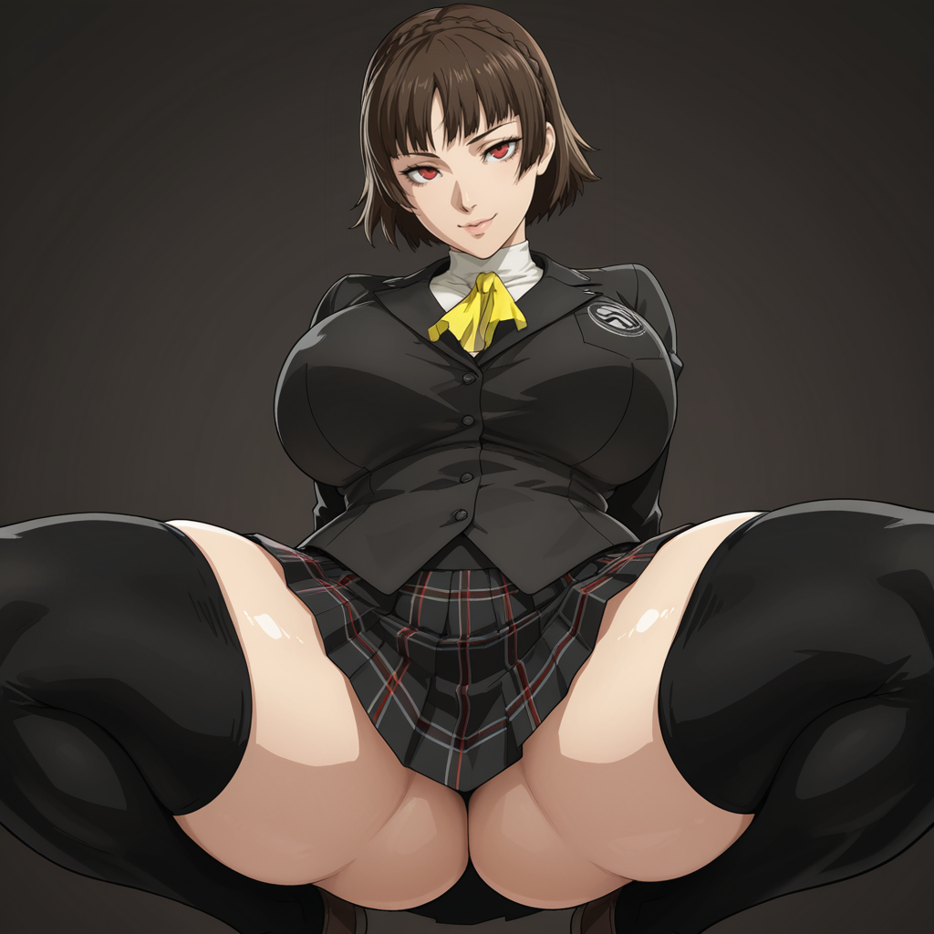 1girls ai_generated atlus big_breasts brown_hair curvaceous curvy_female eyes female female_only large_breasts light_skin looking_at_viewer makoto_niijima miniskirt persona persona_4 persona_5 plaid_skirt red_eyes school_uniform seiyoku short_skirt squatting stockings thick thick_thighs voluptuous voluptuous_female wide_hips yasogami_school_uniform