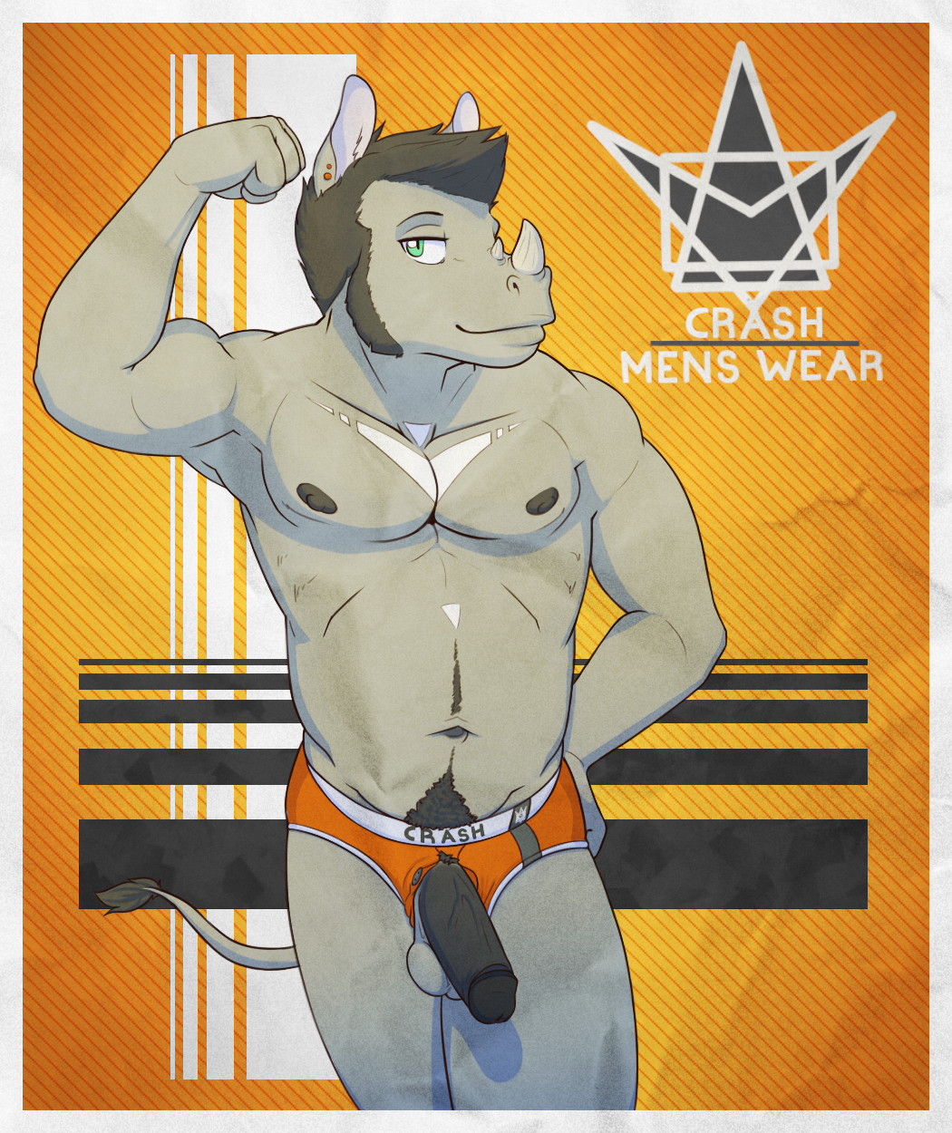 10s 2014 anthro biceps clothing digital_media_(artwork) english_text erection green_eyes hair horn male male_only mammal muscular muscular_male navel nipples pecs penis piercing rhinoceros simple_background smile solo standing text underwear zawmg