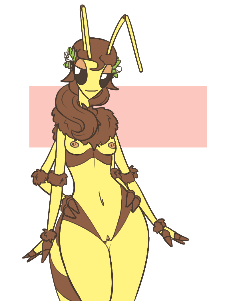 3_fingers 4_arms abdomen antennae anthro arm_tuft arthropod bedroom_eyes bee bee_girl biped black_sclera breasts brown_body brown_fur brown_hair brown_stripes claws clitoral_hood clitoris eyelashes female fingerless_(marking) flower_crown front_view fur hair half-closed_eyes hand_on_hip honeybee insects legs_together long_hair looking_away multi_arm multi_limb navel neck_tuft nipples non-mammal_breasts nude pink_background ponytail portrait pussy seductive simple_background slightlysimian small_breasts small_waist smile solo standing striped_body stripes three-quarter_portrait tuft two_tone_body white_background white_eyes white_pupils wide_hips yellow_body